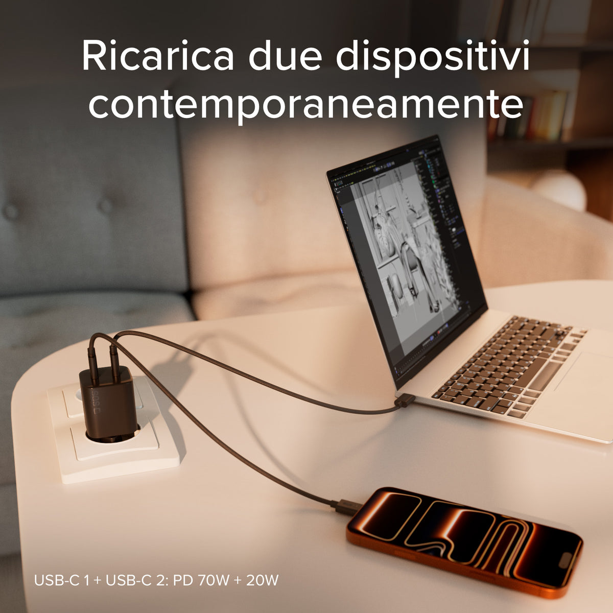 Kit charge 100W double USB‑C avec câble tressé