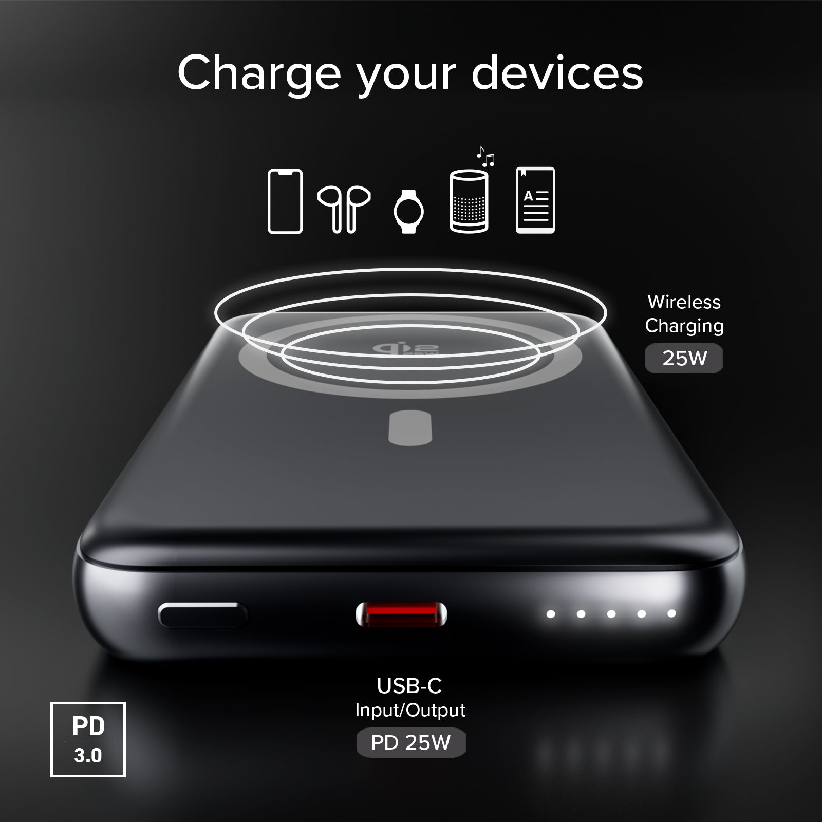 Power bank magnetico 10000 mAh Qi2.2 25W, Power Delivery 3.0, alluminio