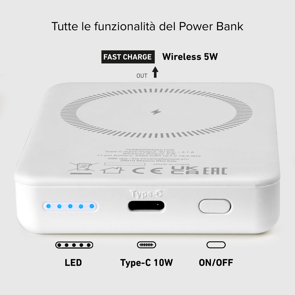 Power bank mag 5.000 mAh Wireless compatibile con iPhone con ricarica MagSafe