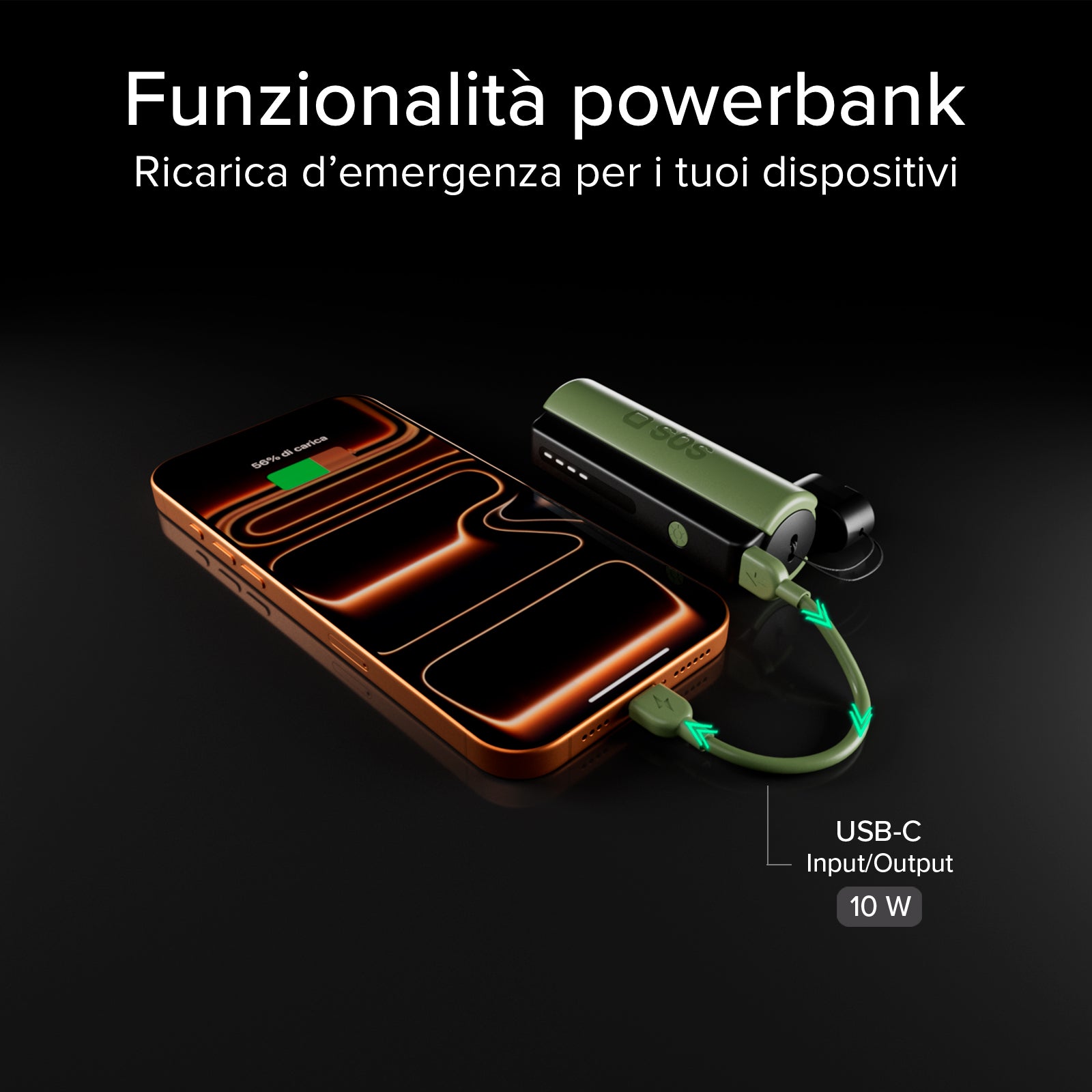 Power Bank compatto 5000mAh con torcia LED, porta USB-C 10W, cavo USB-C incluso, ideale per outdoor e campeggio