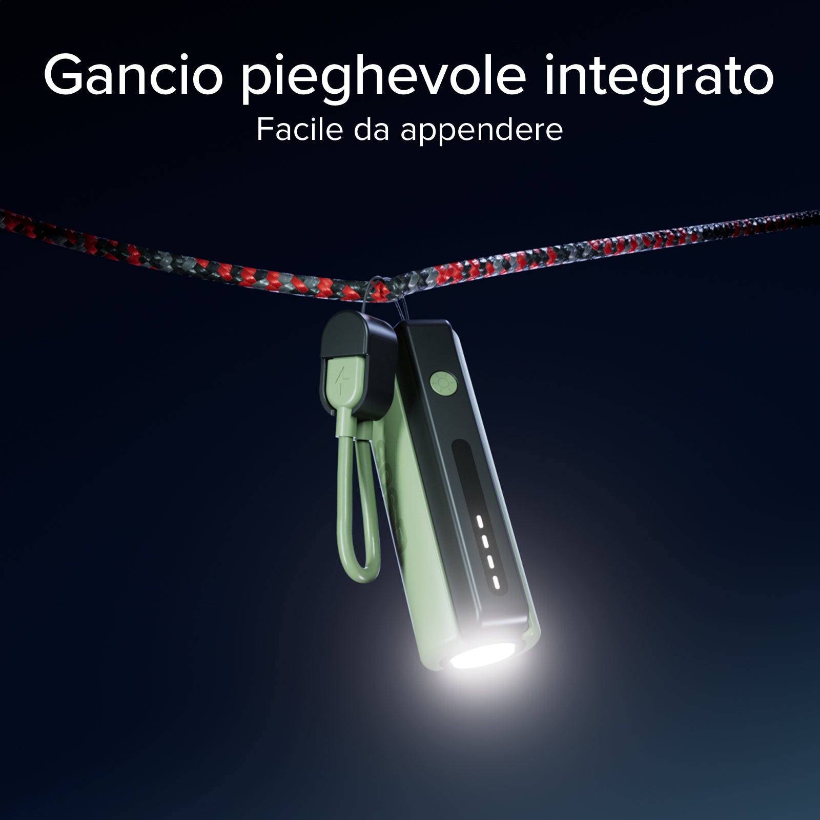 Power Bank compatto 5000mAh con torcia LED, porta USB-C 10W, cavo USB-C incluso, ideale per outdoor e campeggio