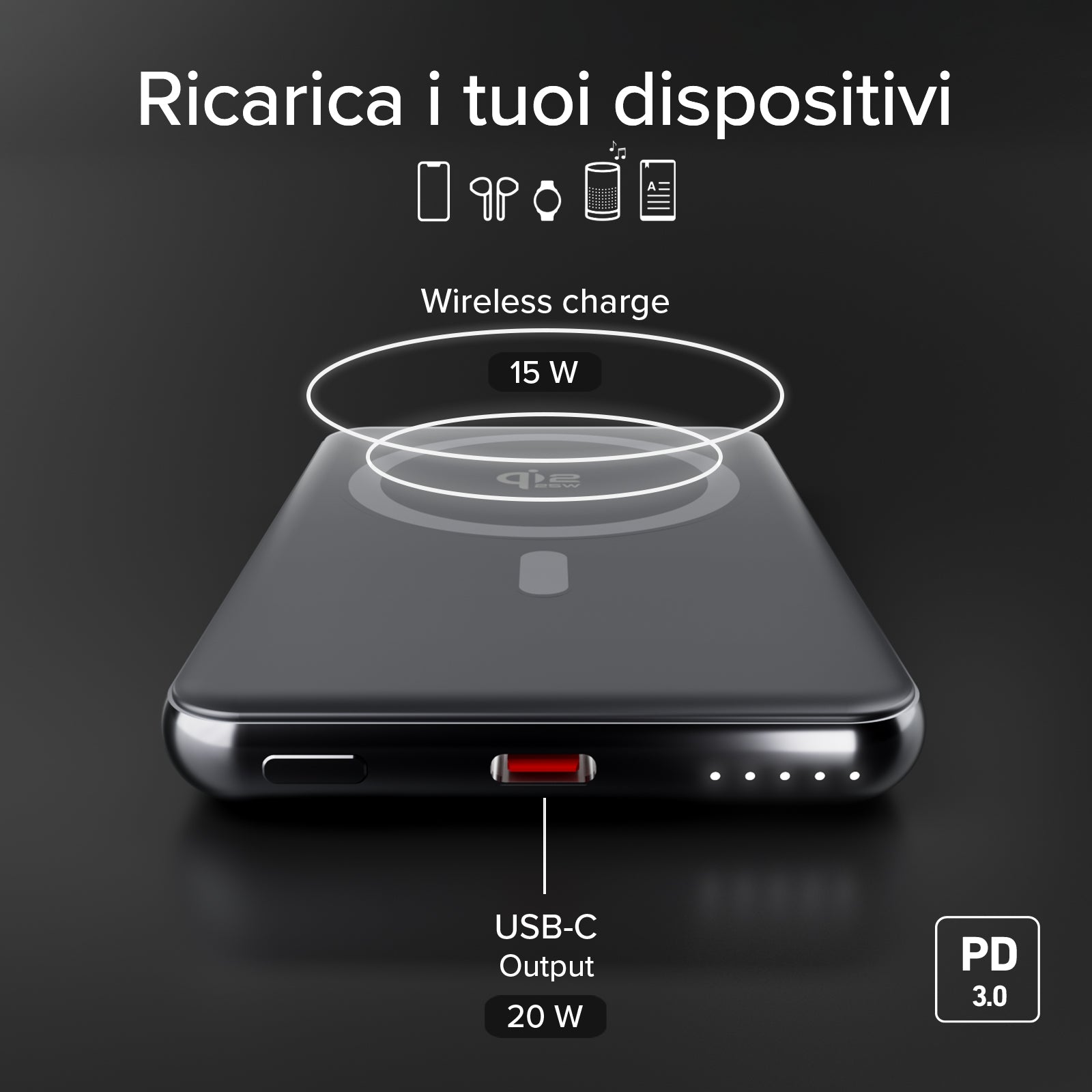 Power bank magnetico 5000 mAh, wireless PD 20W, alluminio, MagSafe