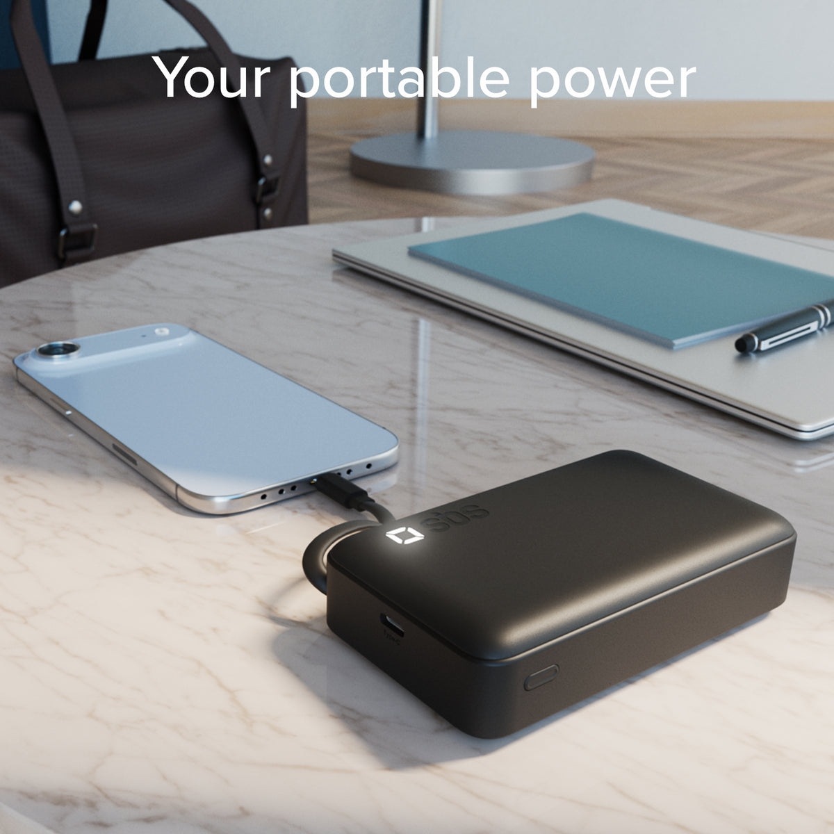 10000 mAh Power Bank with retractable USB-C cable and fast charging