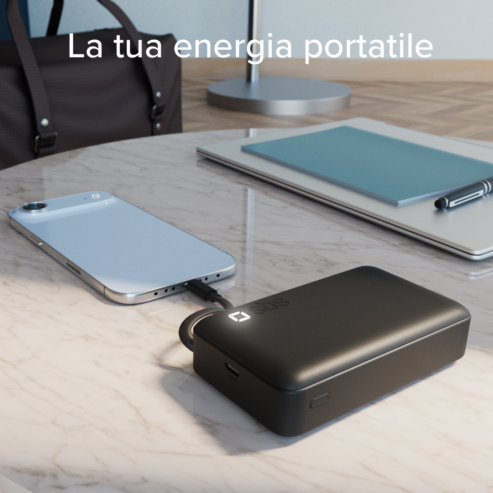 10000 mAh Power Bank with retractable USB-C cable and fast charging
