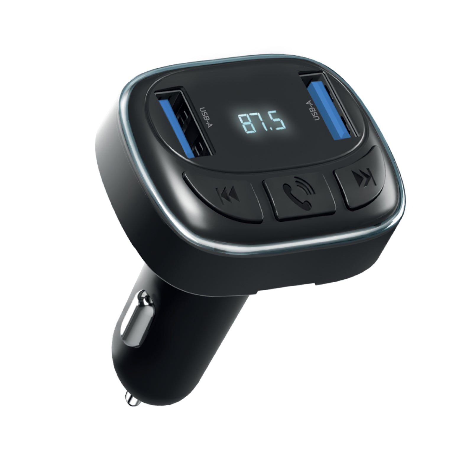 Caricabatterie auto 10W con connessione audio wireless FM e doppia porta USB-A