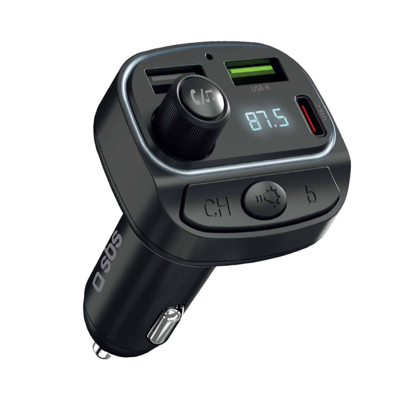 Caricabatterie auto FM 30W con Power Delivery, una porta USB-C e due USB-A e connessione audio wireless