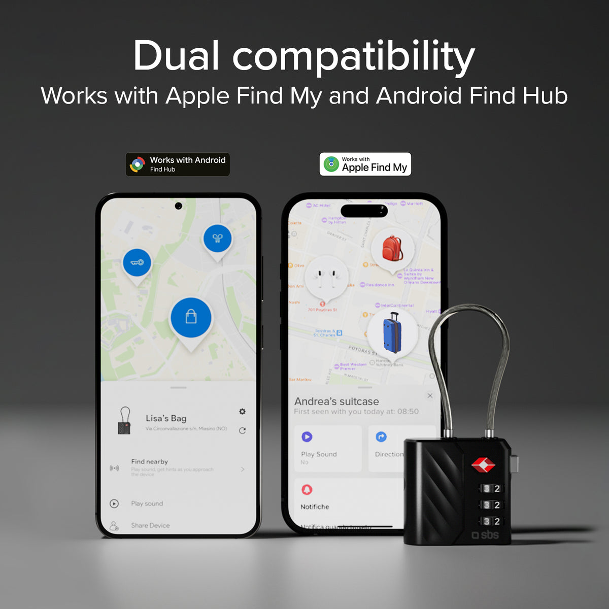 TSA Lock with Tracker and Dual Compatibility Apple Find My and Google Find Hub, Ideal for Suitcases
