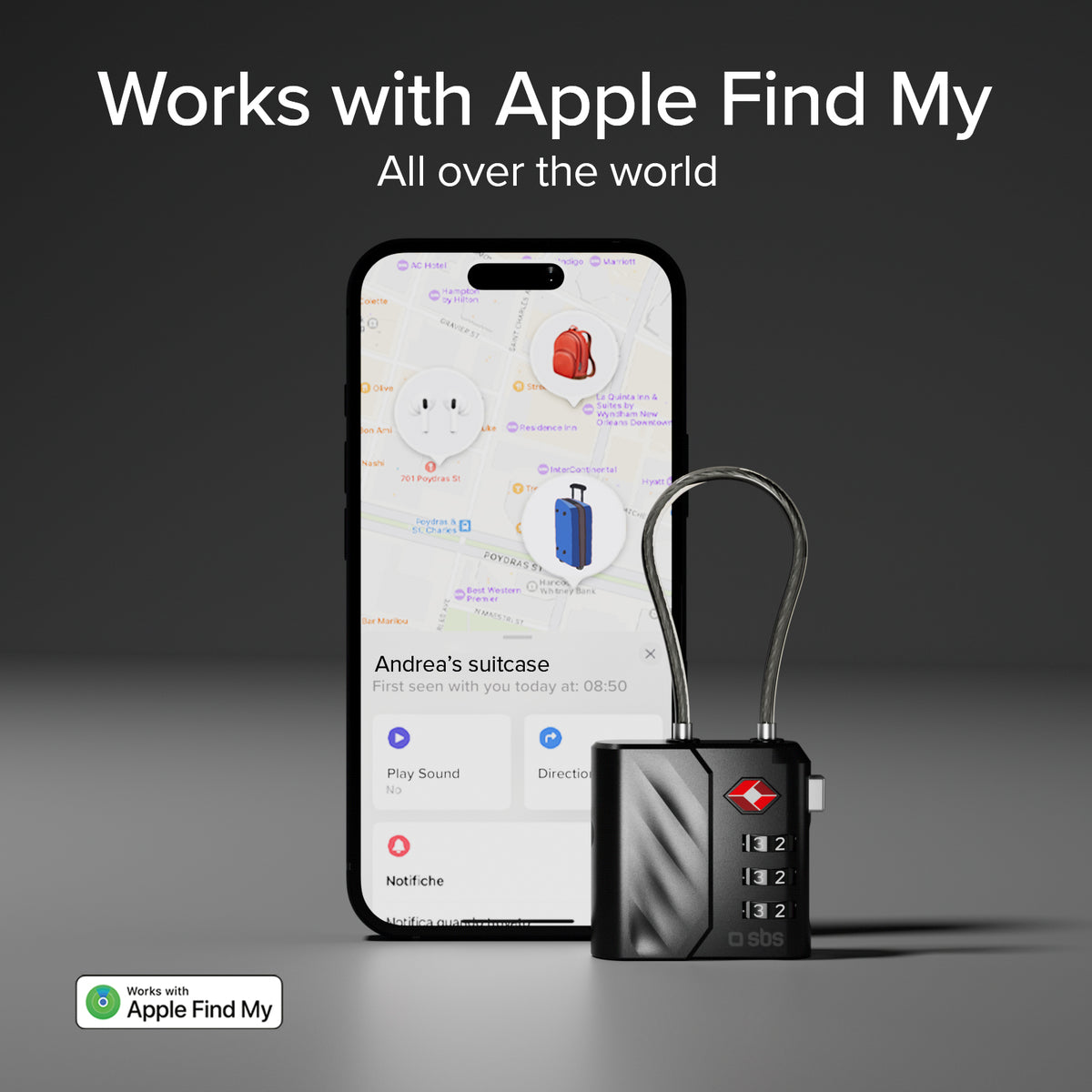 TSA lock with integrated locator for suitcases and bags compatible with Apple Find My