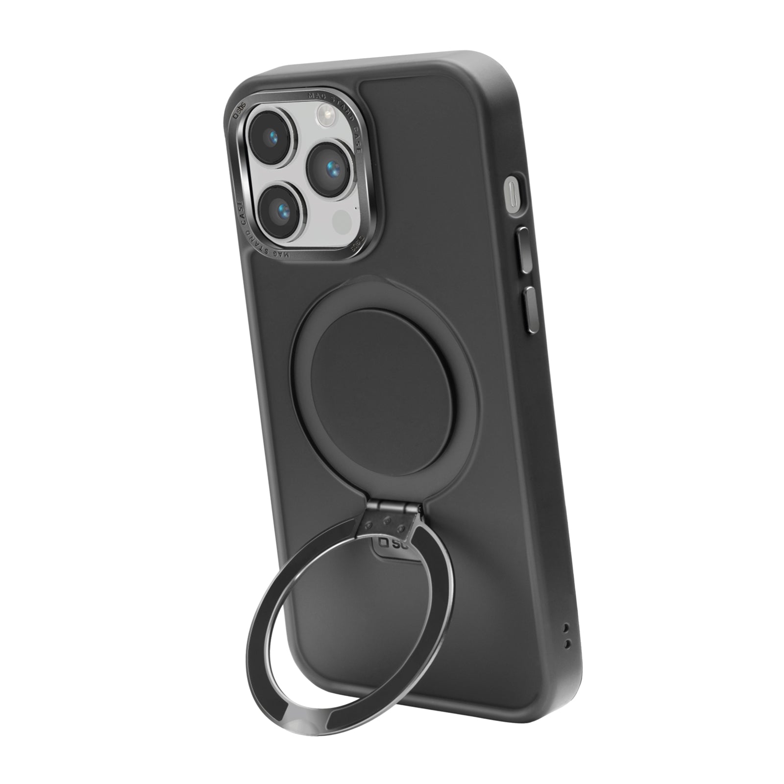 Funda compatible con carga MagSafe con acabados metálicos y anillo con función stand para iPhone 14 Pro Max