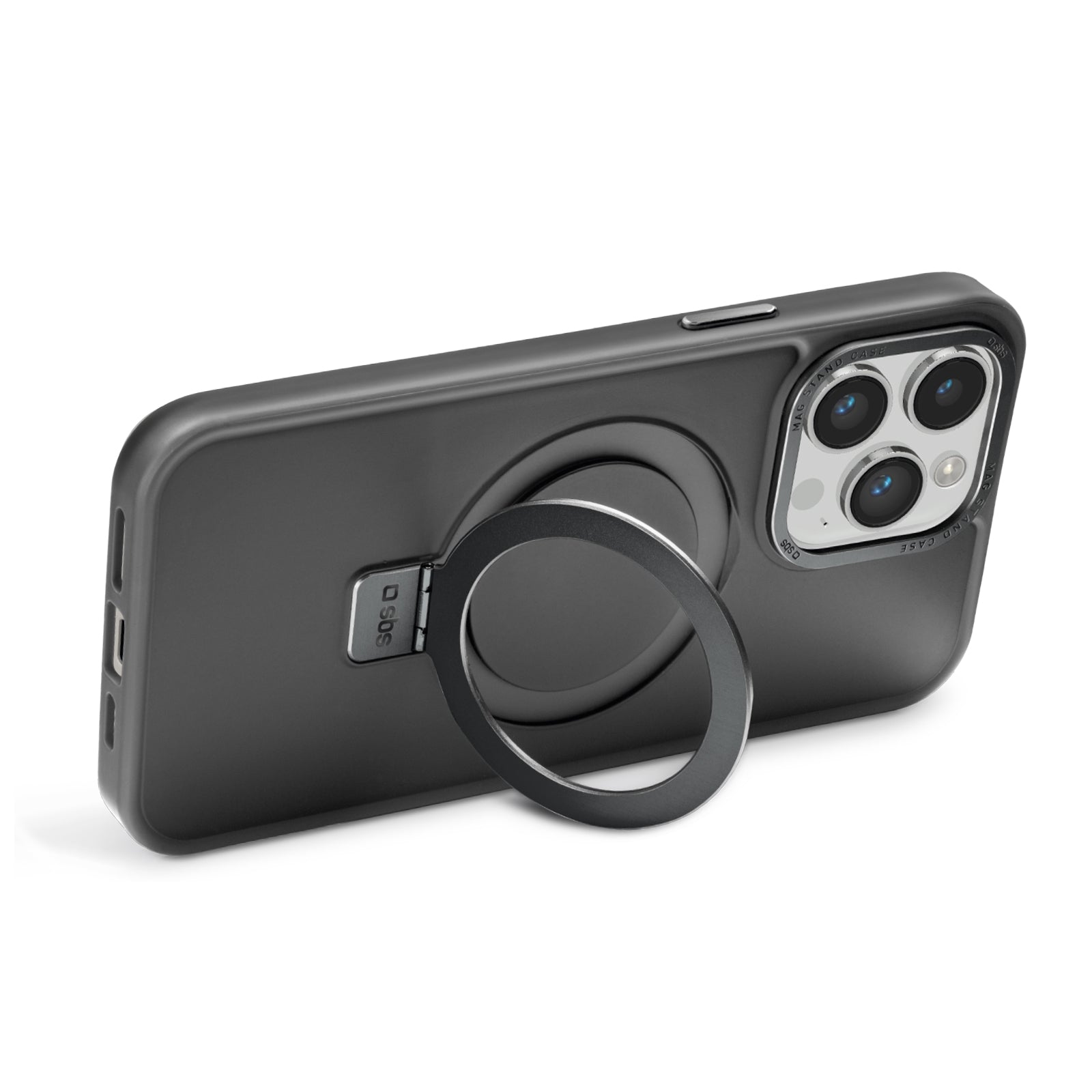 Funda compatible con carga MagSafe con acabados metálicos y anillo con función stand para iPhone 14 Pro Max