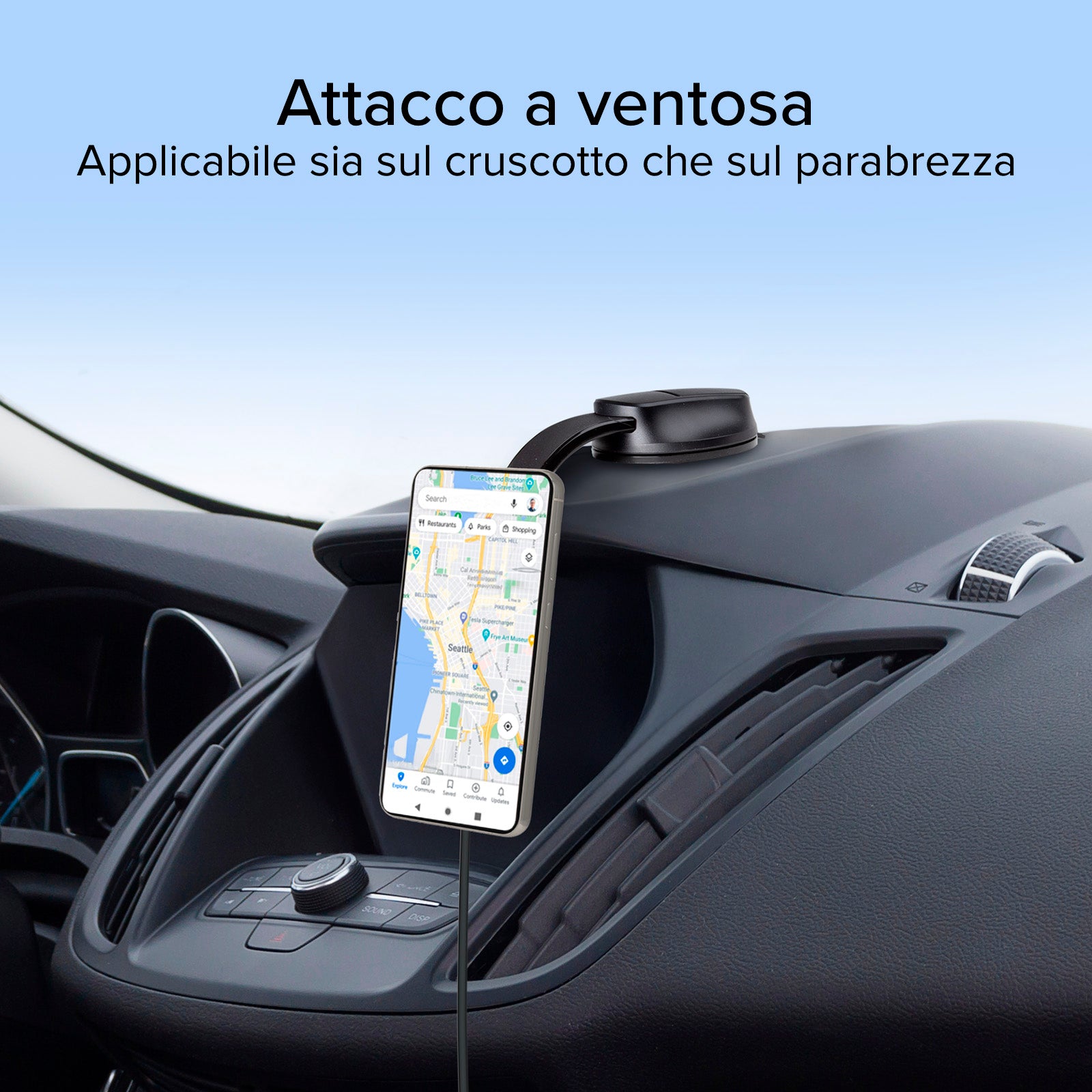 Suction cup car holder for smartphones with wireless charging