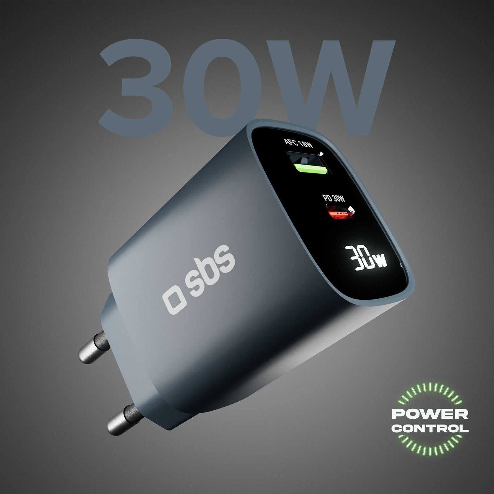 Caricabatterie da muro, schermo LCD, 1 uscita USB-C PD 30W, 1 uscita USB-A 18W