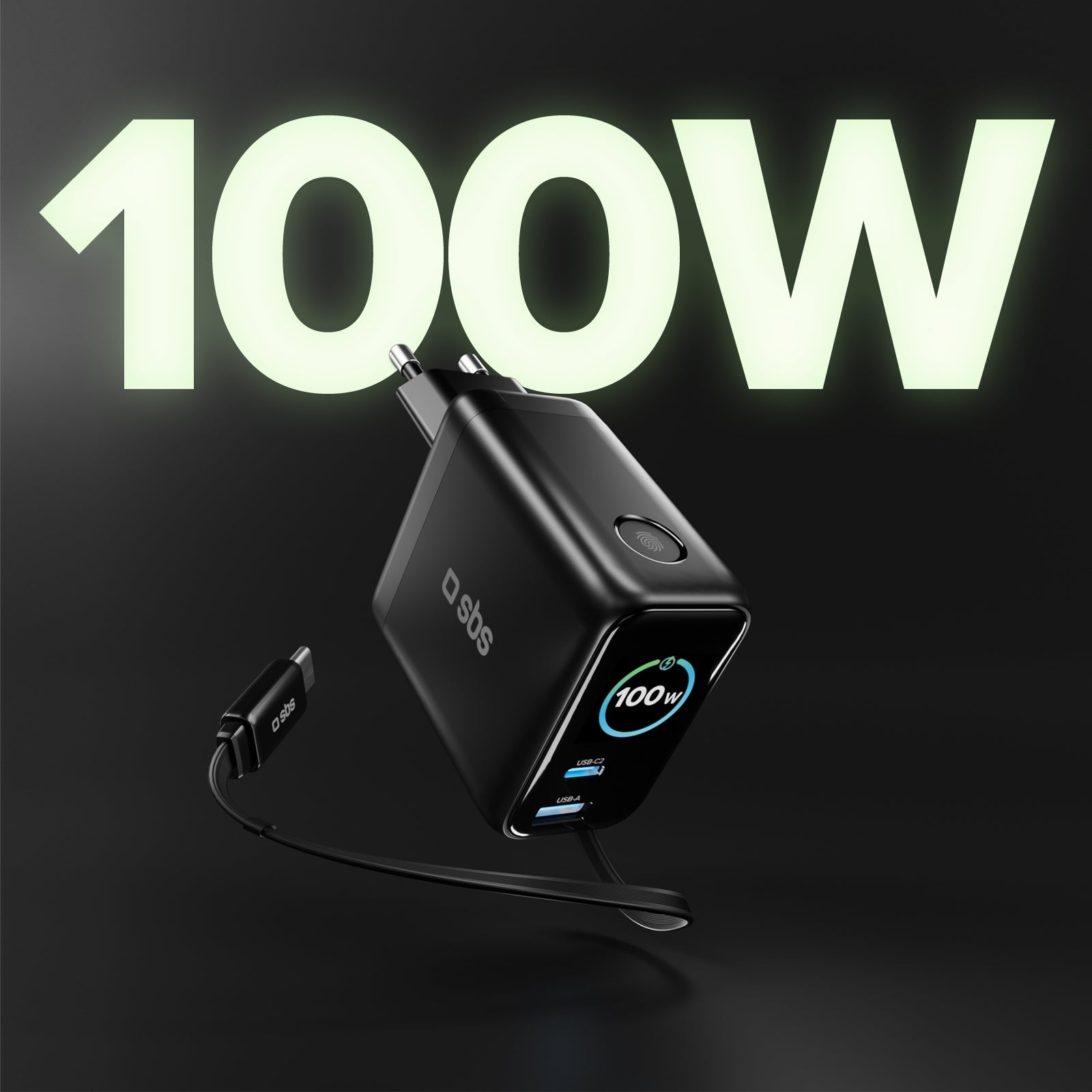 Chargeur 100W avec port USB-C, USB-A, câble USB-C extensible et écran TFT