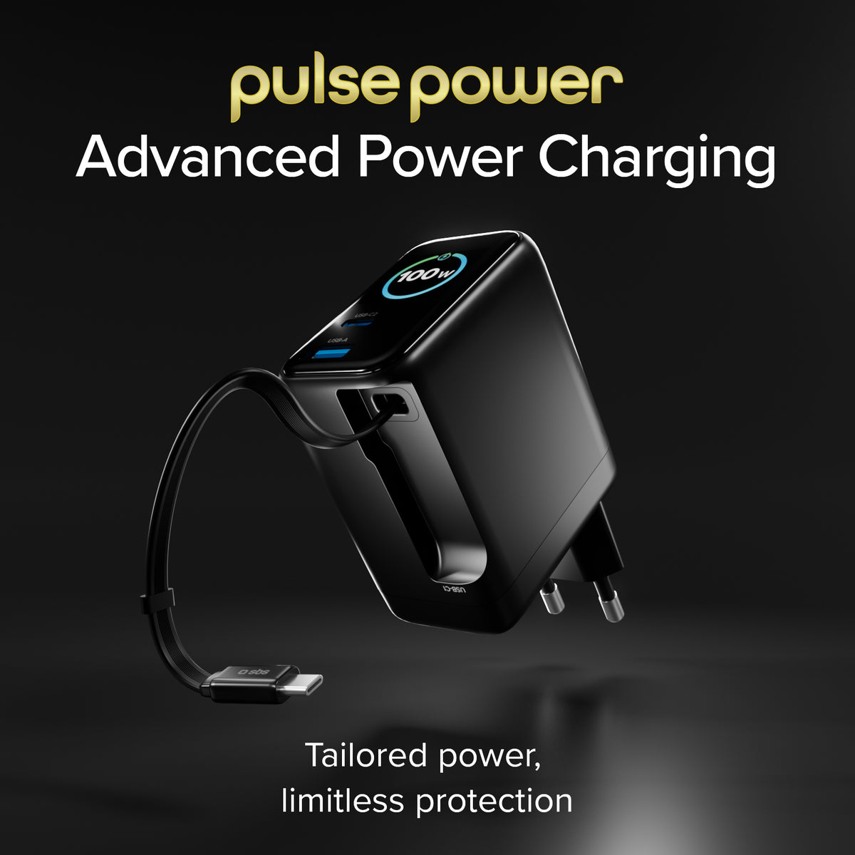 Chargeur 100W avec port USB-C, USB-A, câble USB-C extensible et écran TFT