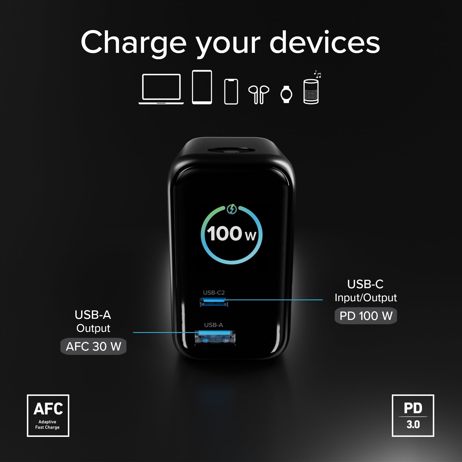 Chargeur 100W avec port USB-C, USB-A, câble USB-C extensible et écran TFT