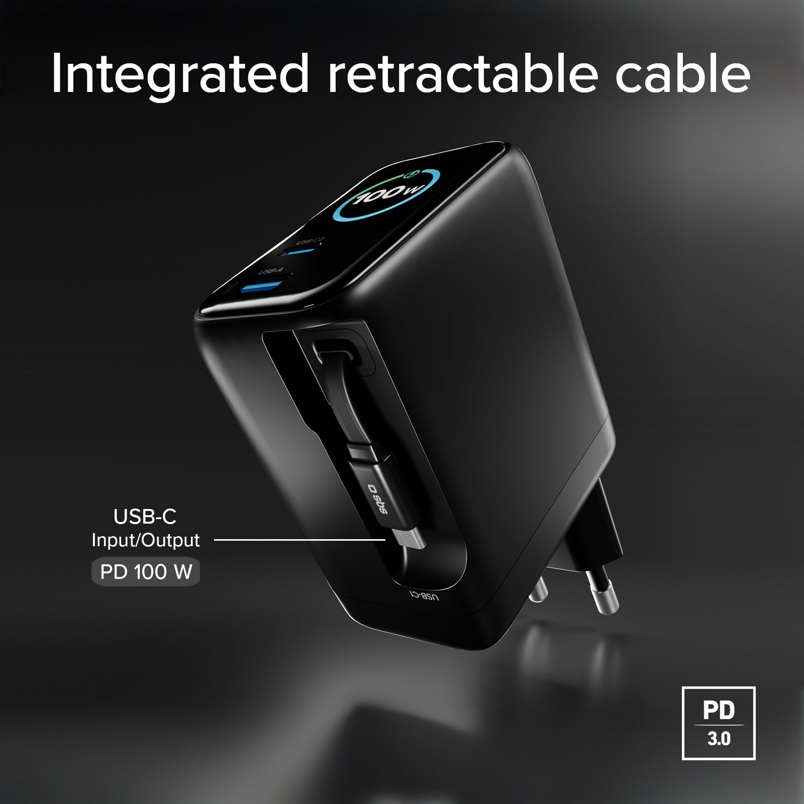 Chargeur 100W avec port USB-C, USB-A, câble USB-C extensible et écran TFT