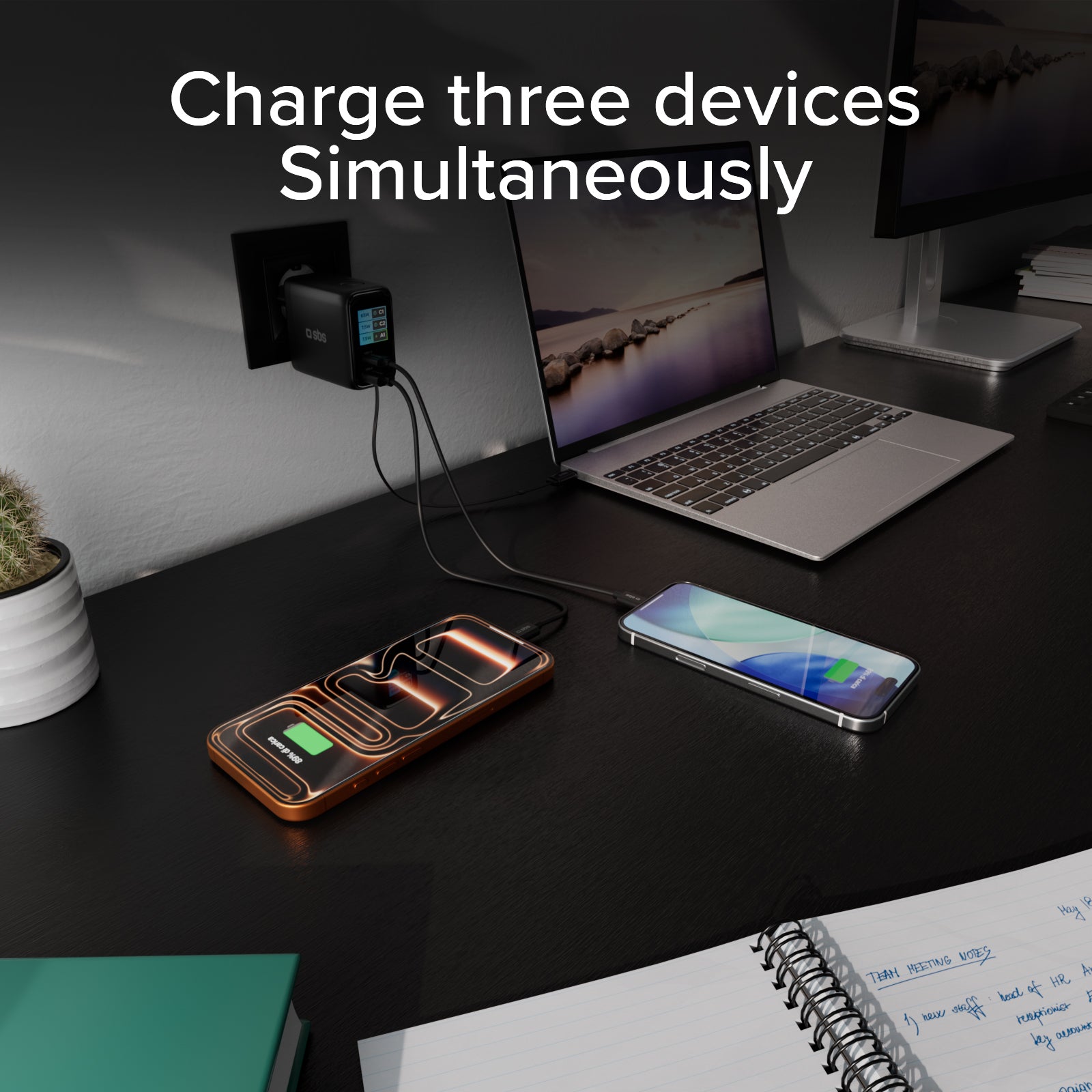 Chargeur 100W avec port USB-C, USB-A, câble USB-C extensible et écran TFT