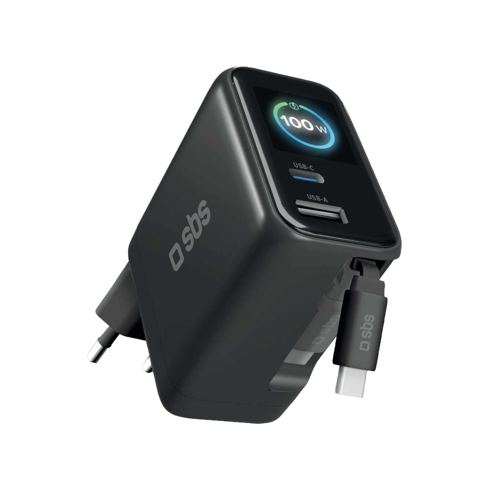Chargeur 100W avec port USB-C, USB-A, câble USB-C extensible et écran TFT