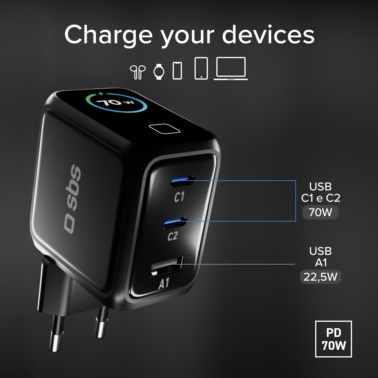 Chargeur intelligent 70 W USB-C avec écran TFT et Power Control 2.0