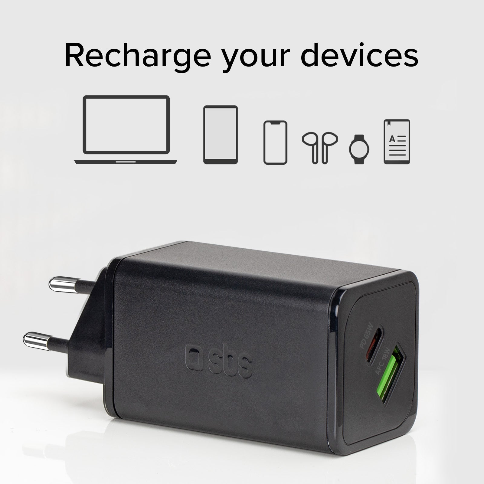 Cargador de pared GaN de 65 vatios con 1 USB-C Power Delivery y 1 USB-A Adaptive Fast Charge
