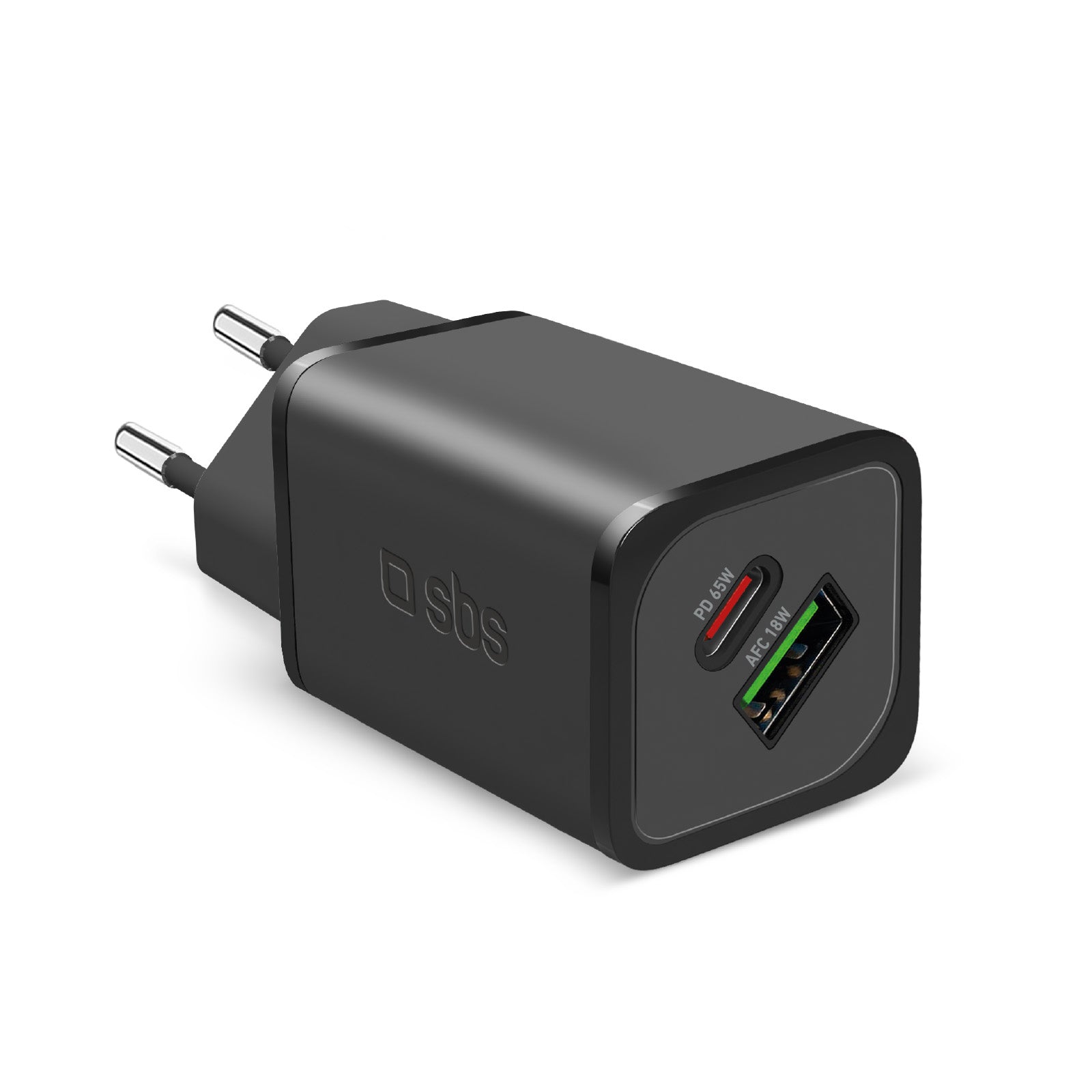 Cargador de pared GaN de 65 vatios con 1 USB-C Power Delivery y 1 USB-A Adaptive Fast Charge
