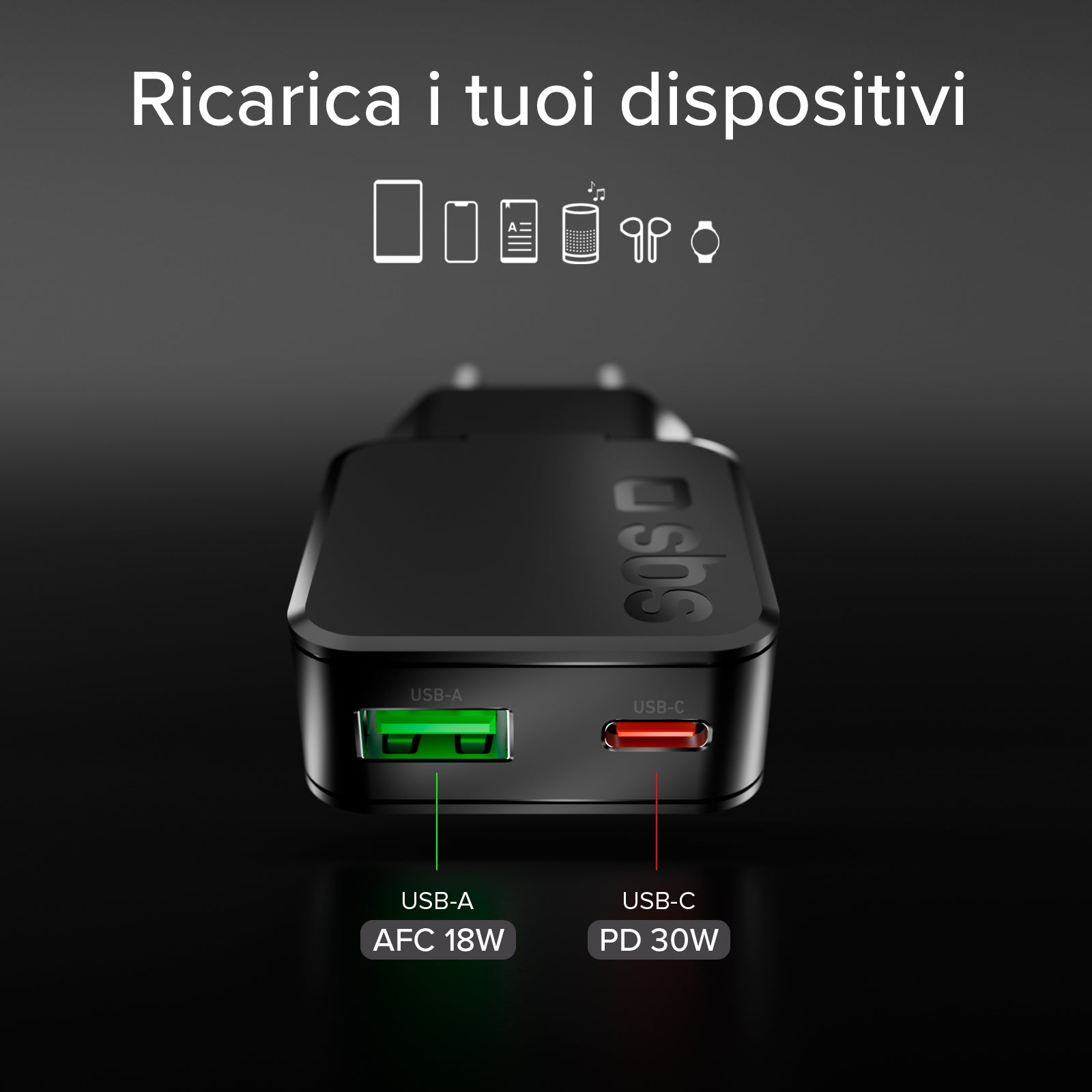 Caricatore da muro 30W Ultra Slim con doppia porta USB-C e USB-A