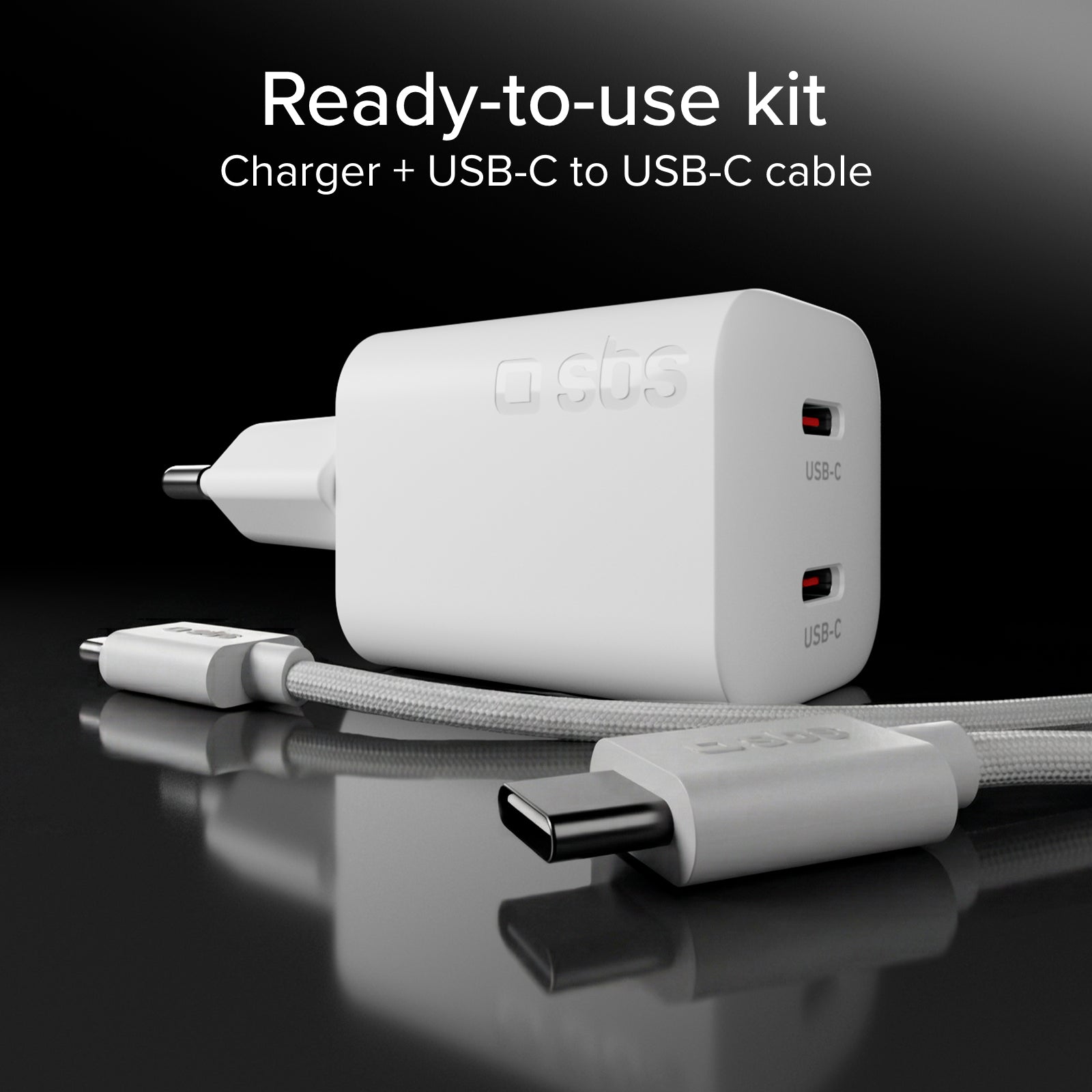 Kit con mini cargador de pared 100W GaN con 2 puertos USB-C + cable USB-C de 1,5 m