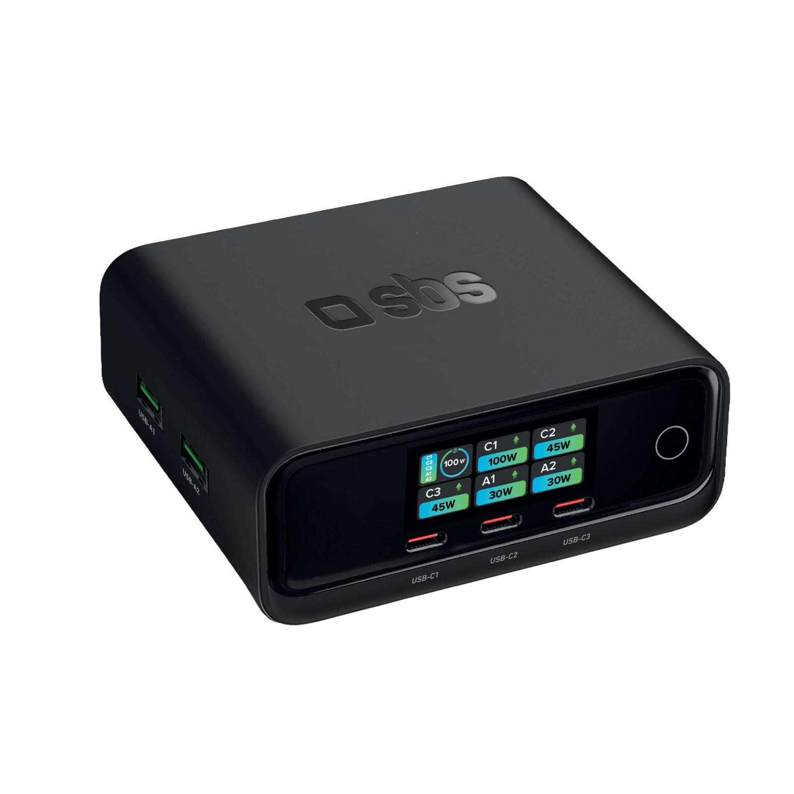 100W Power Delivery Tischladestation mit TFT-Display, 3 USB-C- und 2 USB-A-Anschlüssen, ideal für Laptops