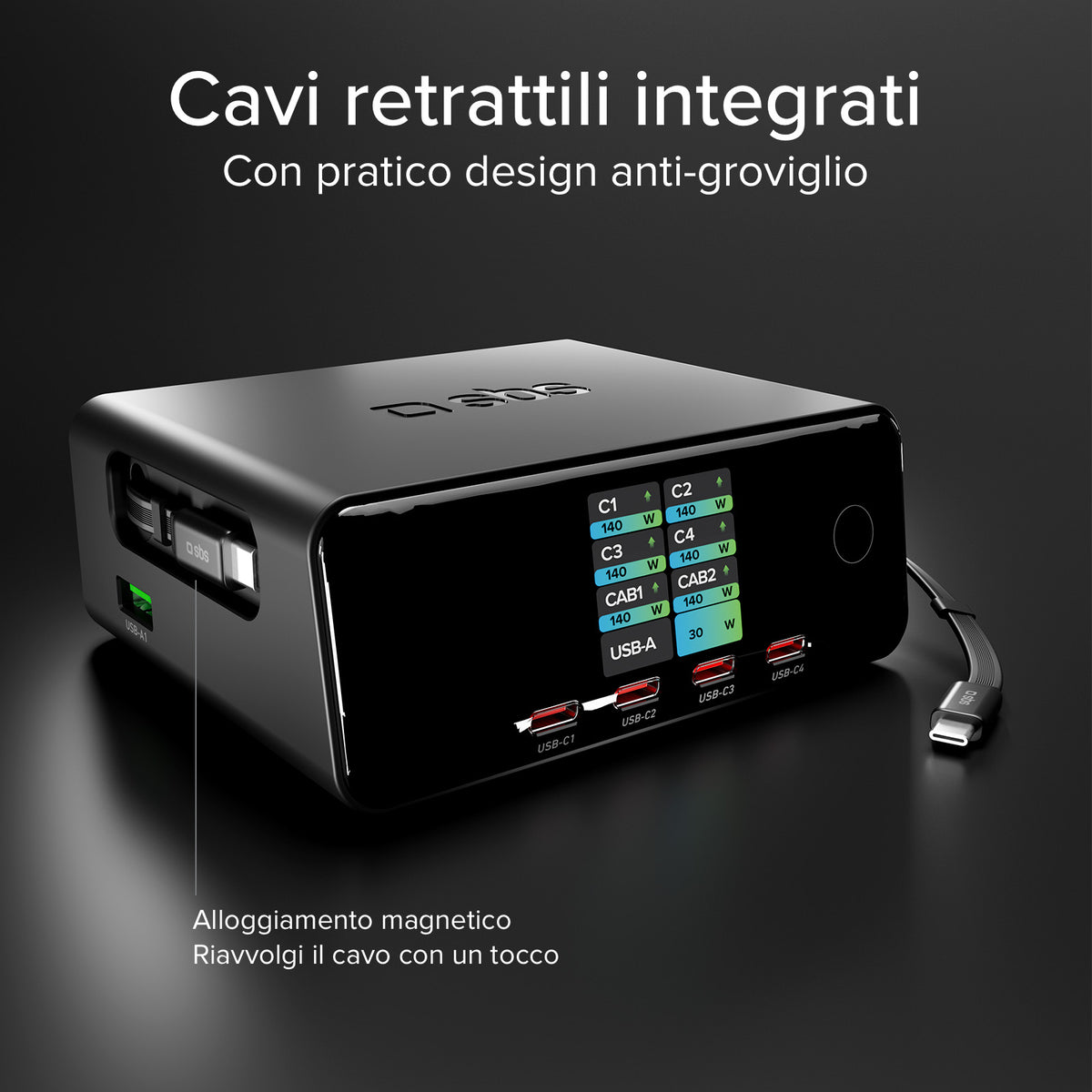 Stazione ricarica 140W con 2 cavi retrattili, 5 porte e display TFT