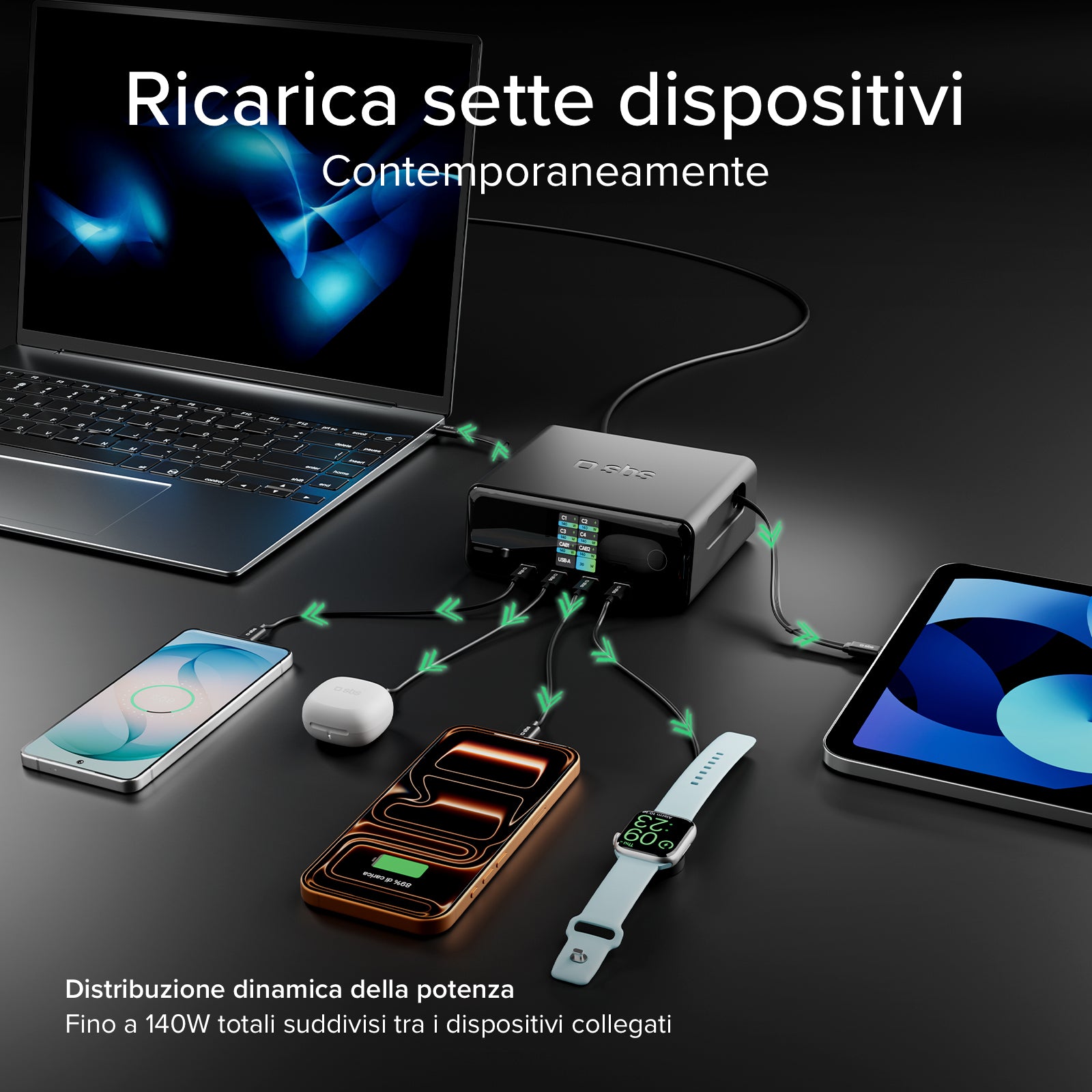 Stazione ricarica 140W con 2 cavi retrattili, 5 porte e display TFT