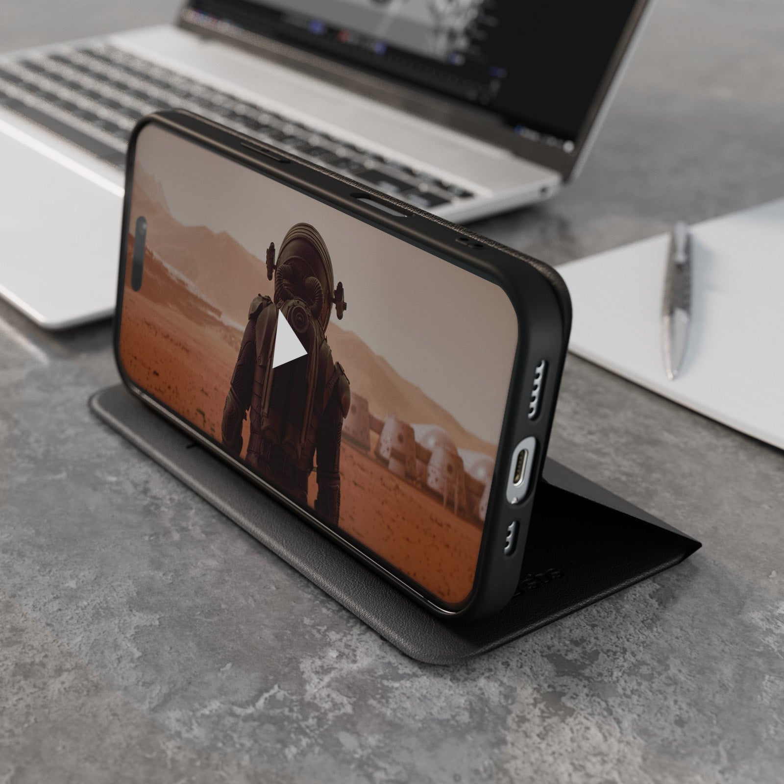 Étui portefeuille avec support et surface douce au toucher pour iPhone 16
