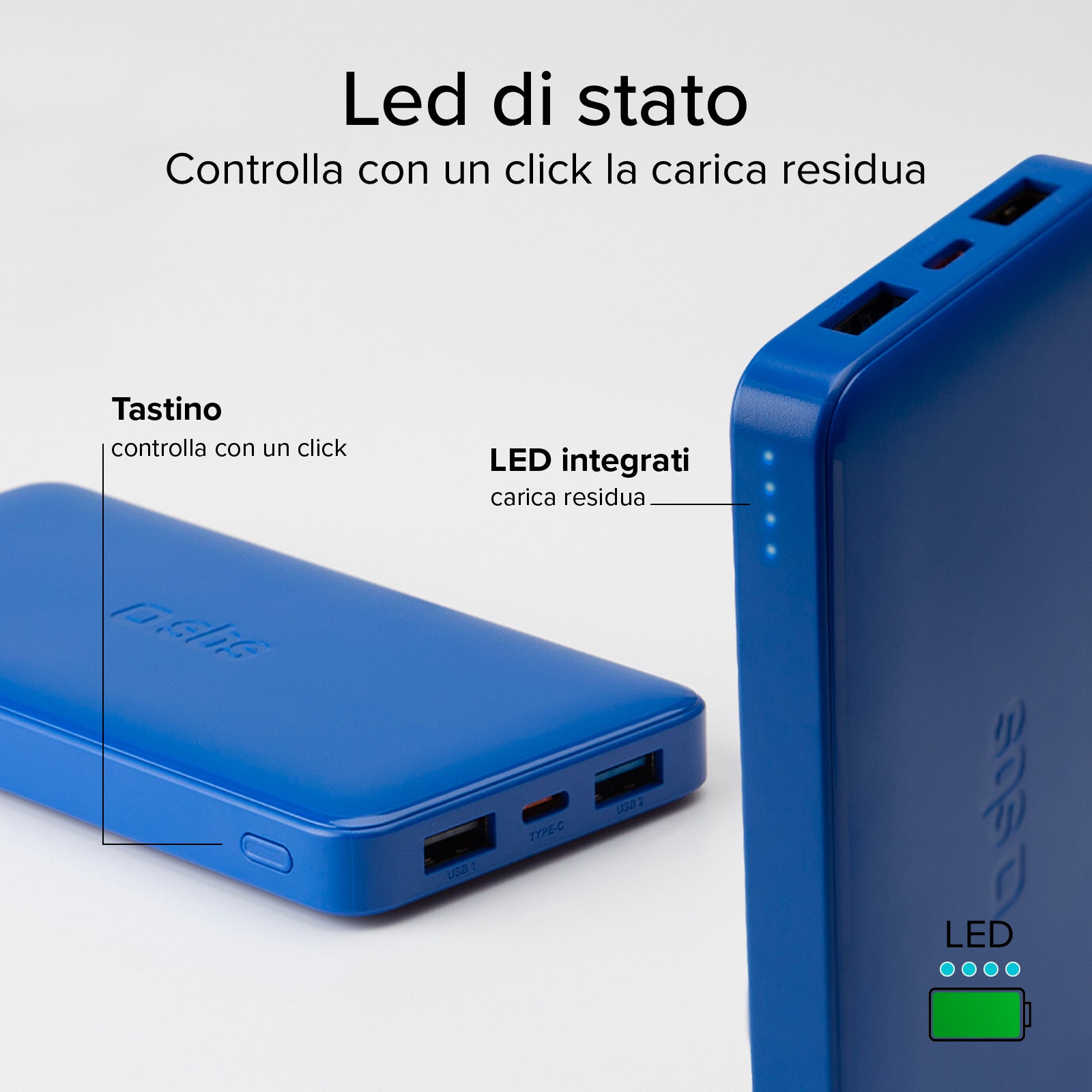 Power bank 10.000 mAh extra slim con porta USB 2.1A Intelligent Charge (IC)