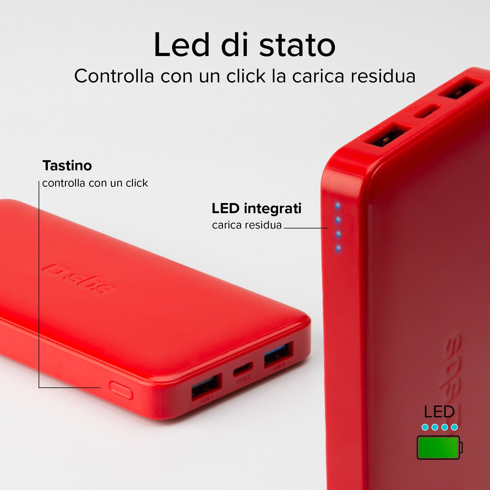 Power bank 10.000 mAh extra slim con porta USB 2.1A Intelligent Charge (IC)
