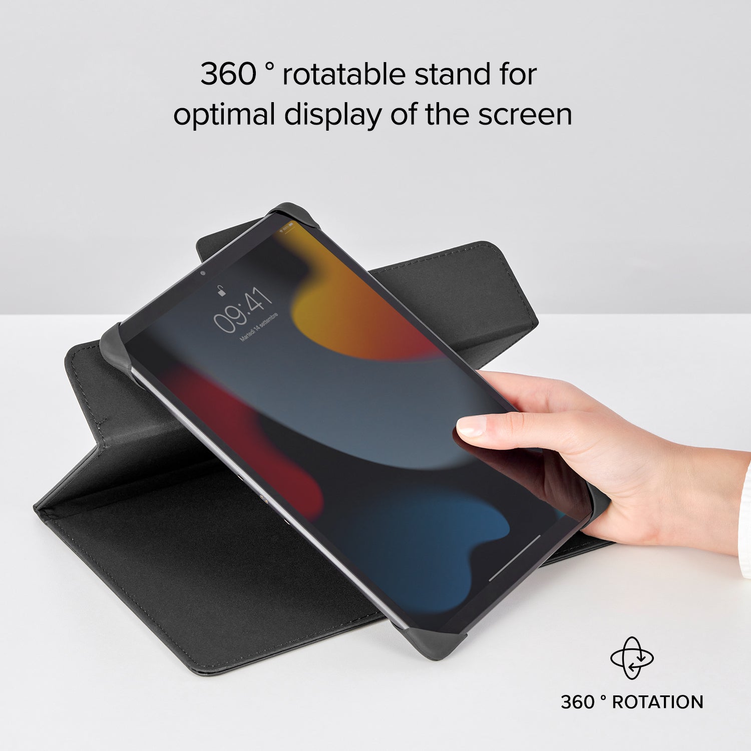 Funda de libro con giro universal para tablets de hasta 11"