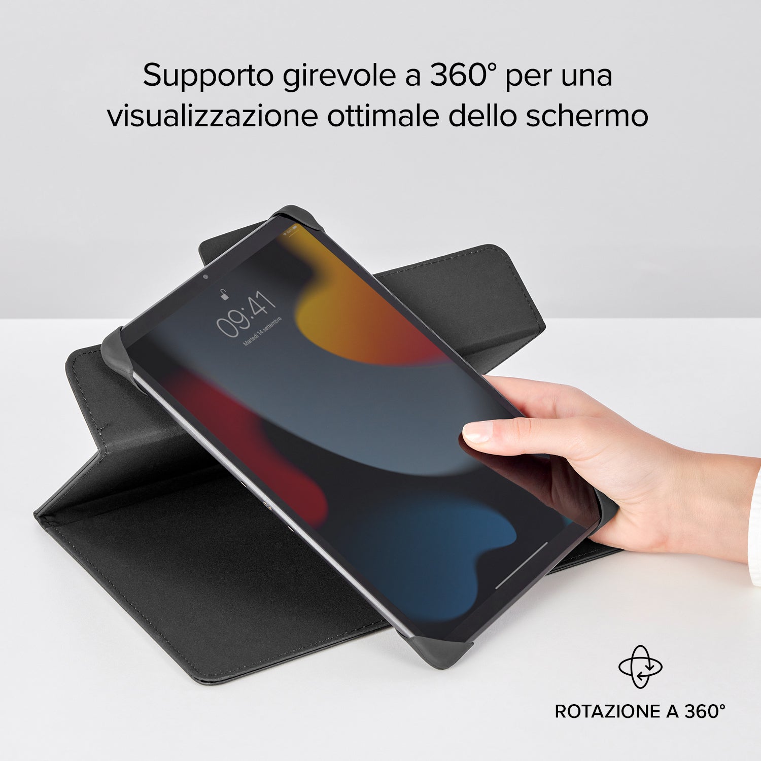 Funda de libro con giro universal para tablets de hasta 11"