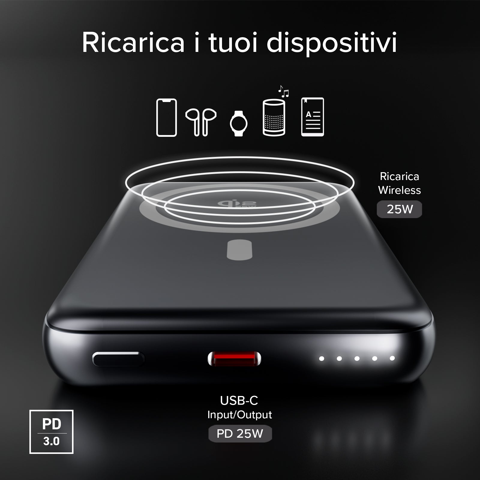 Power bank magnetico 10000 mAh Qi2.2 25W, Power Delivery 3.0, alluminio