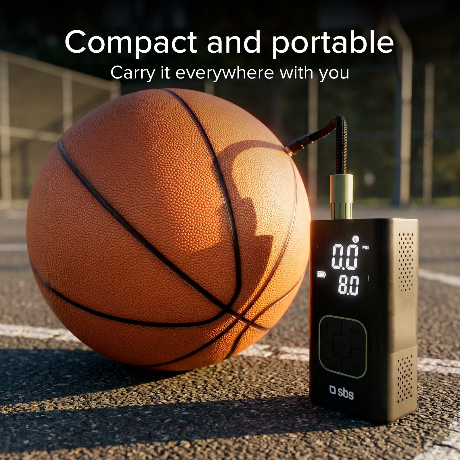 Portable compressor with 3600 mAh 5W Power Bank function and LED flashlight for emergencies and outdoor use