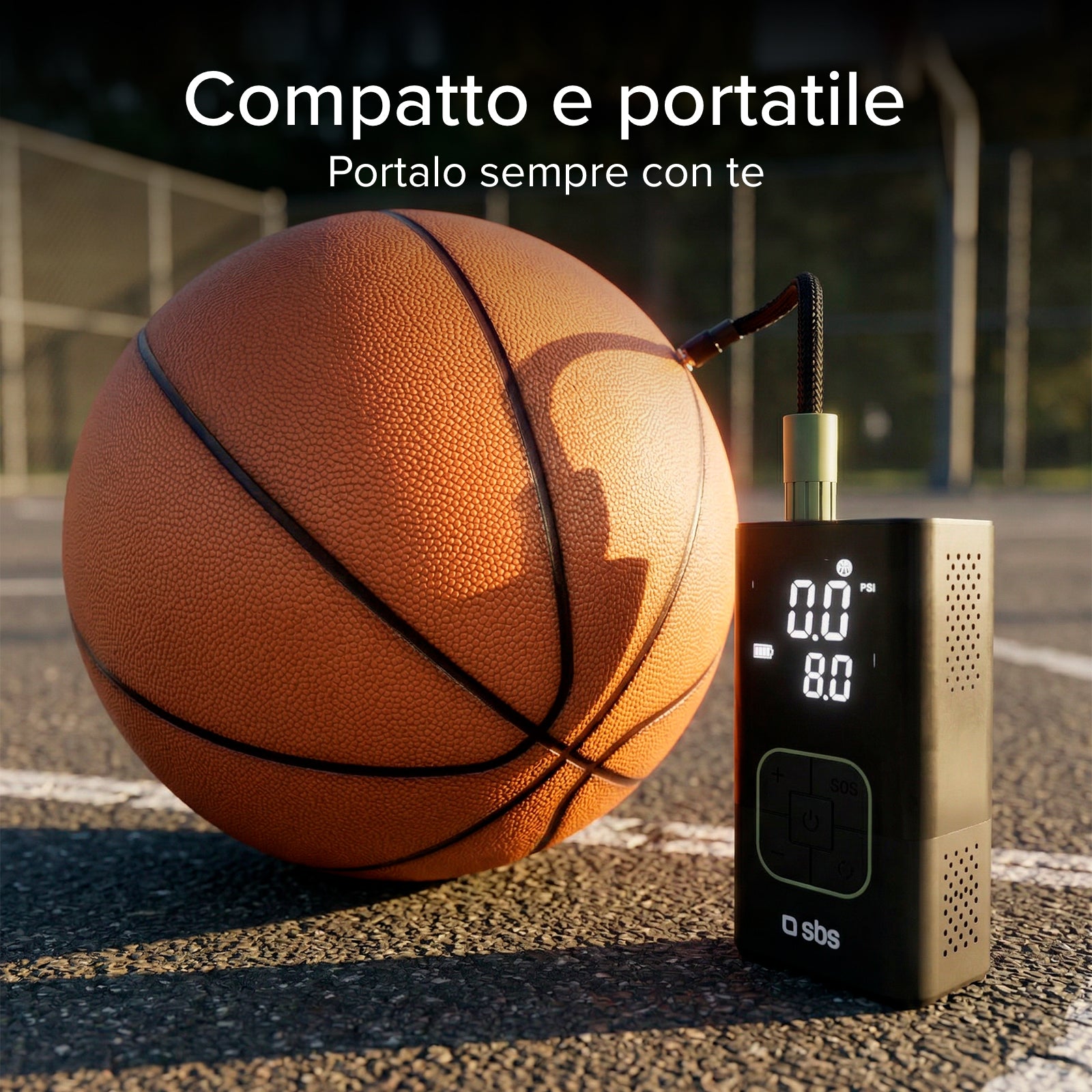Portable compressor with 3600 mAh 5W Power Bank function and LED flashlight for emergencies and outdoor use