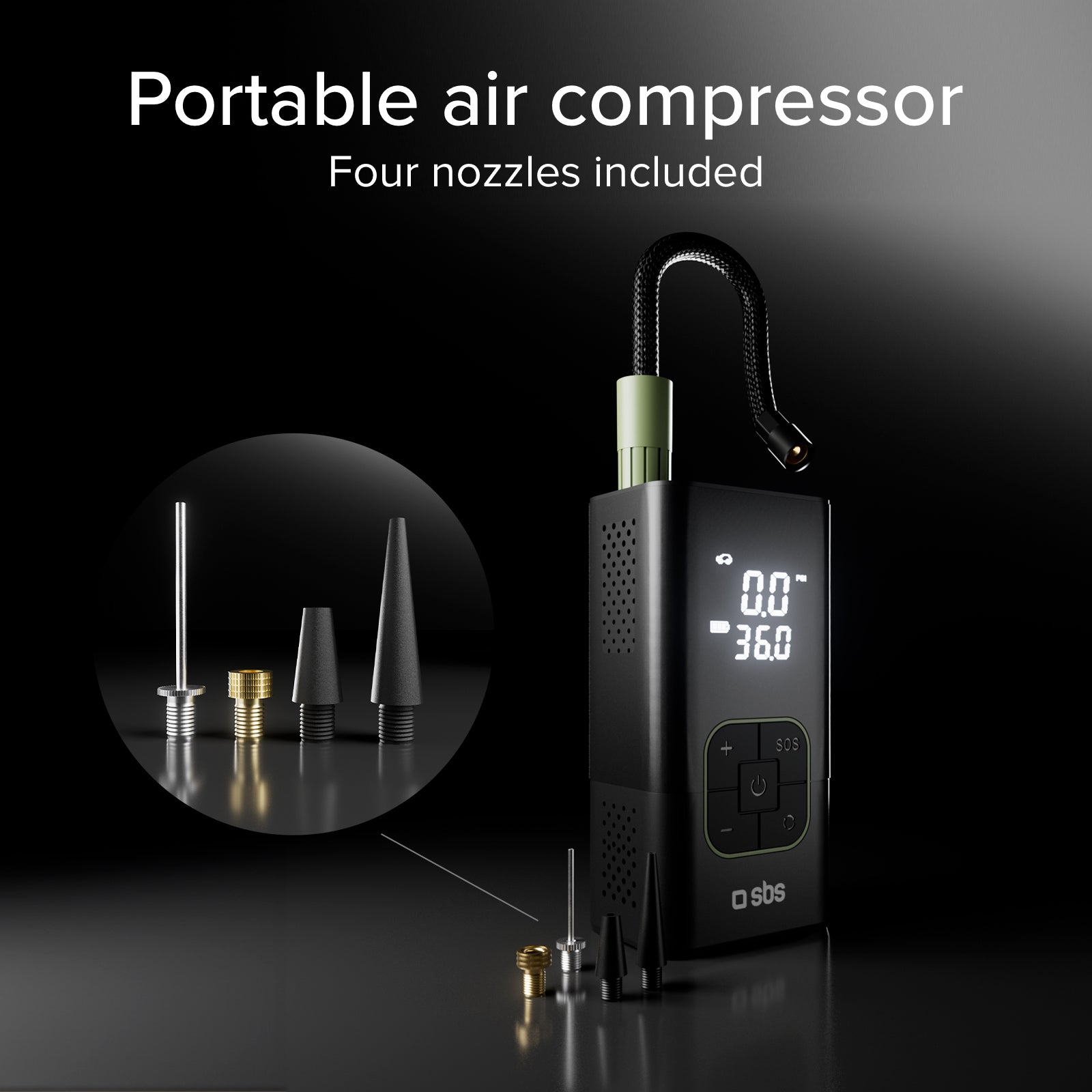Portable compressor with 3600 mAh 5W Power Bank function and LED flashlight for emergencies and outdoor use