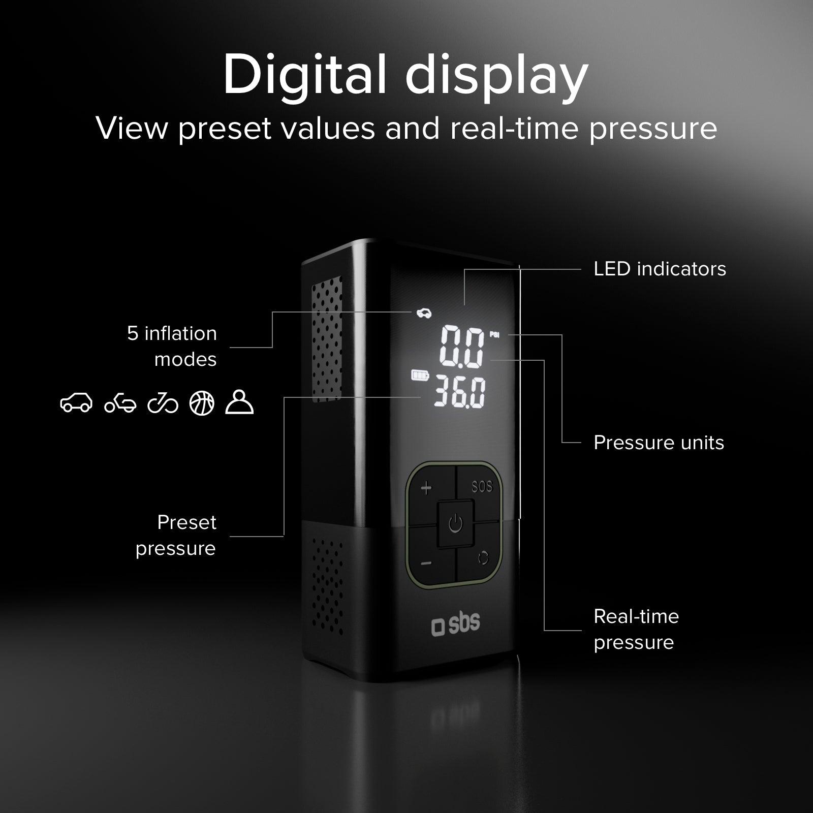 Portable compressor with 3600 mAh 5W Power Bank function and LED flashlight for emergencies and outdoor use