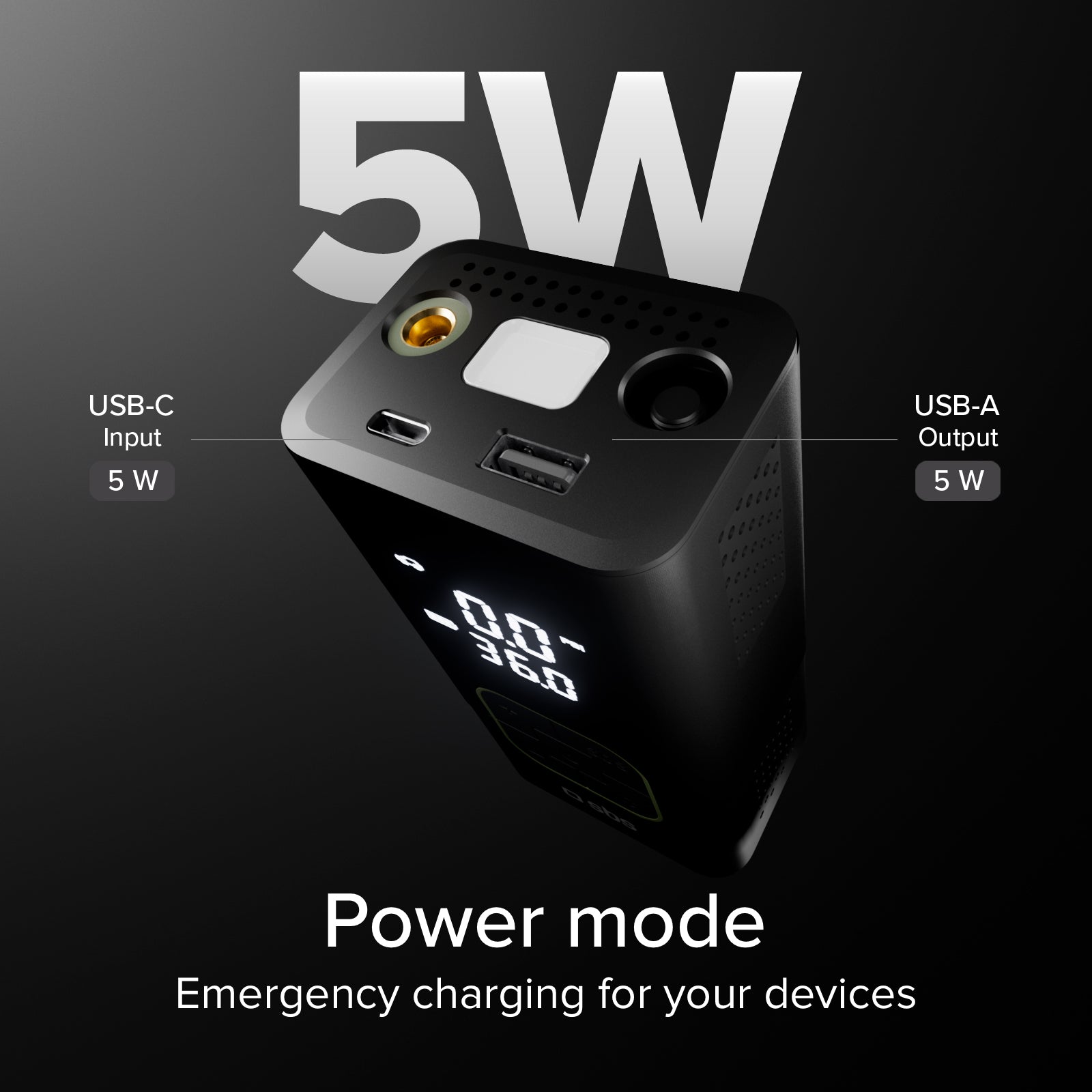 Portable compressor with 3600 mAh 5W Power Bank function and LED flashlight for emergencies and outdoor use