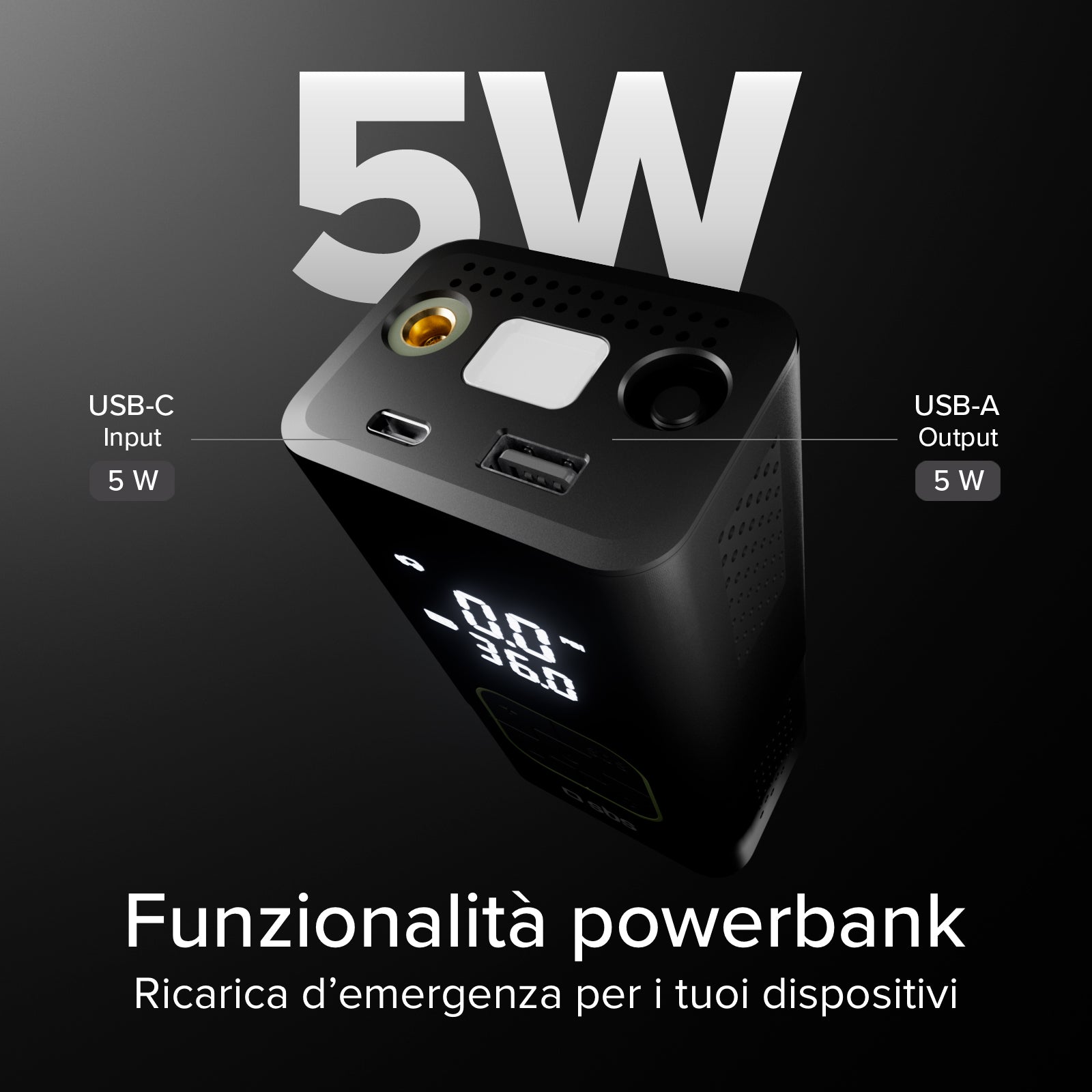 Portable compressor with 3600 mAh 5W Power Bank function and LED flashlight for emergencies and outdoor use