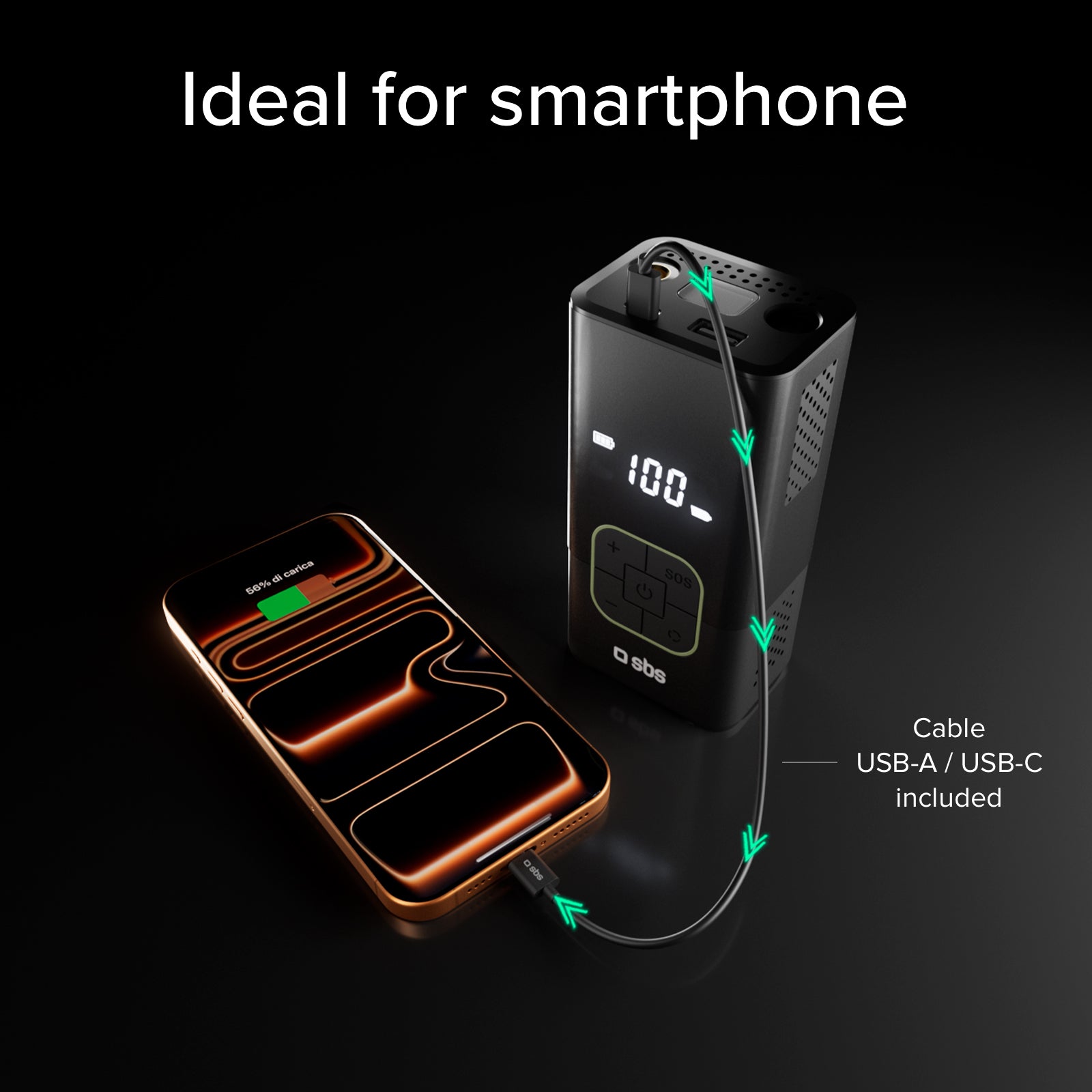 Portable compressor with 3600 mAh 5W Power Bank function and LED flashlight for emergencies and outdoor use