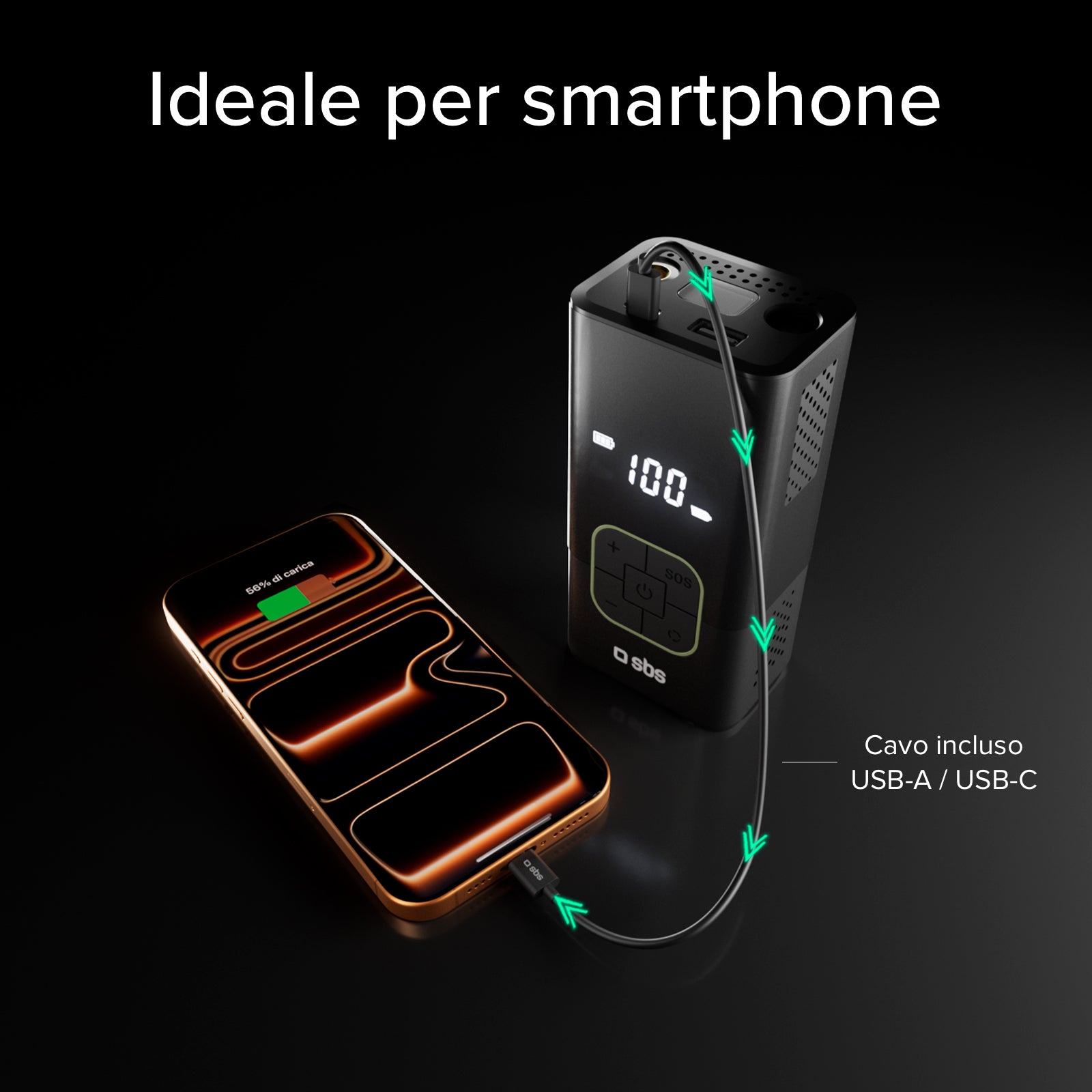 Portable compressor with 3600 mAh 5W Power Bank function and LED flashlight for emergencies and outdoor use