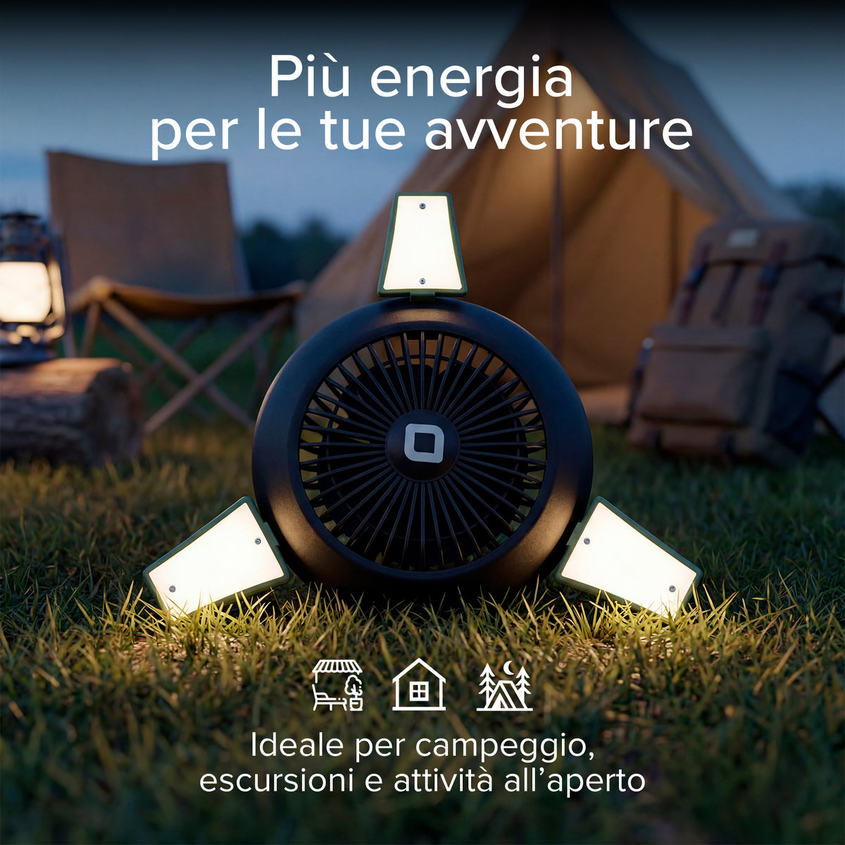 Ventola con Power Bank 4000mAh, luce regolabile e ricarica solare