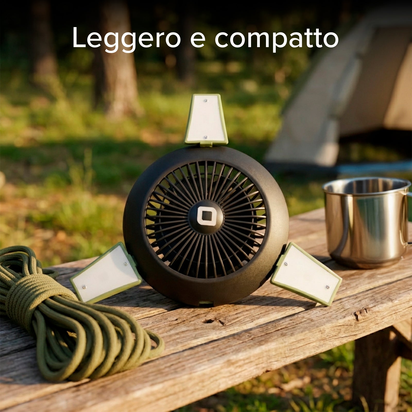 Ventola con Power Bank 4000mAh, luce regolabile e ricarica solare