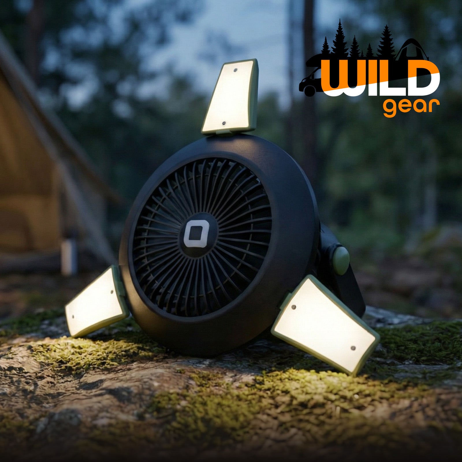 Ventilator mit Powerbank 4000 mAh, einstellbarer Beleuchtung und Solaraufladung