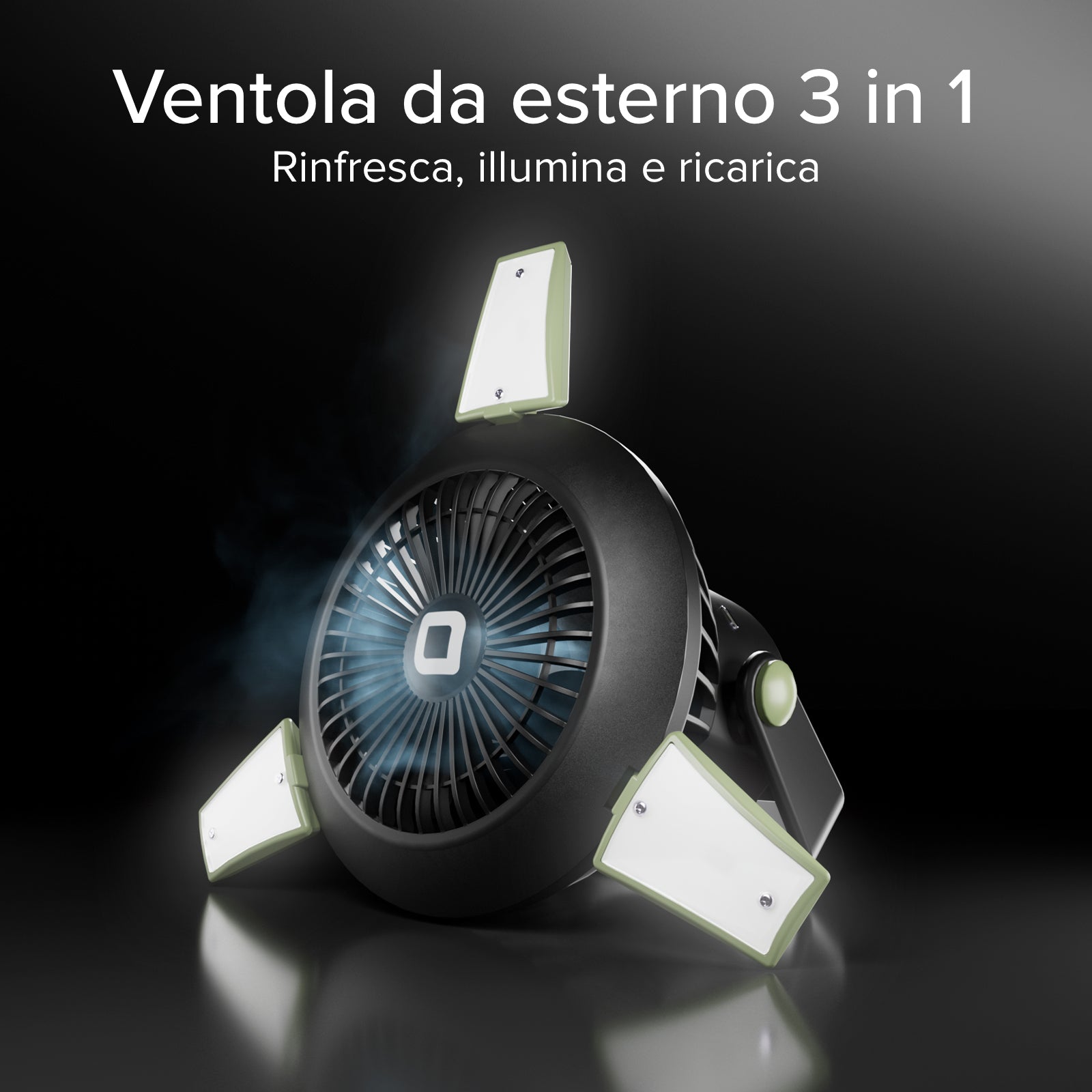 Ventola con Power Bank 4000mAh, luce regolabile e ricarica solare
