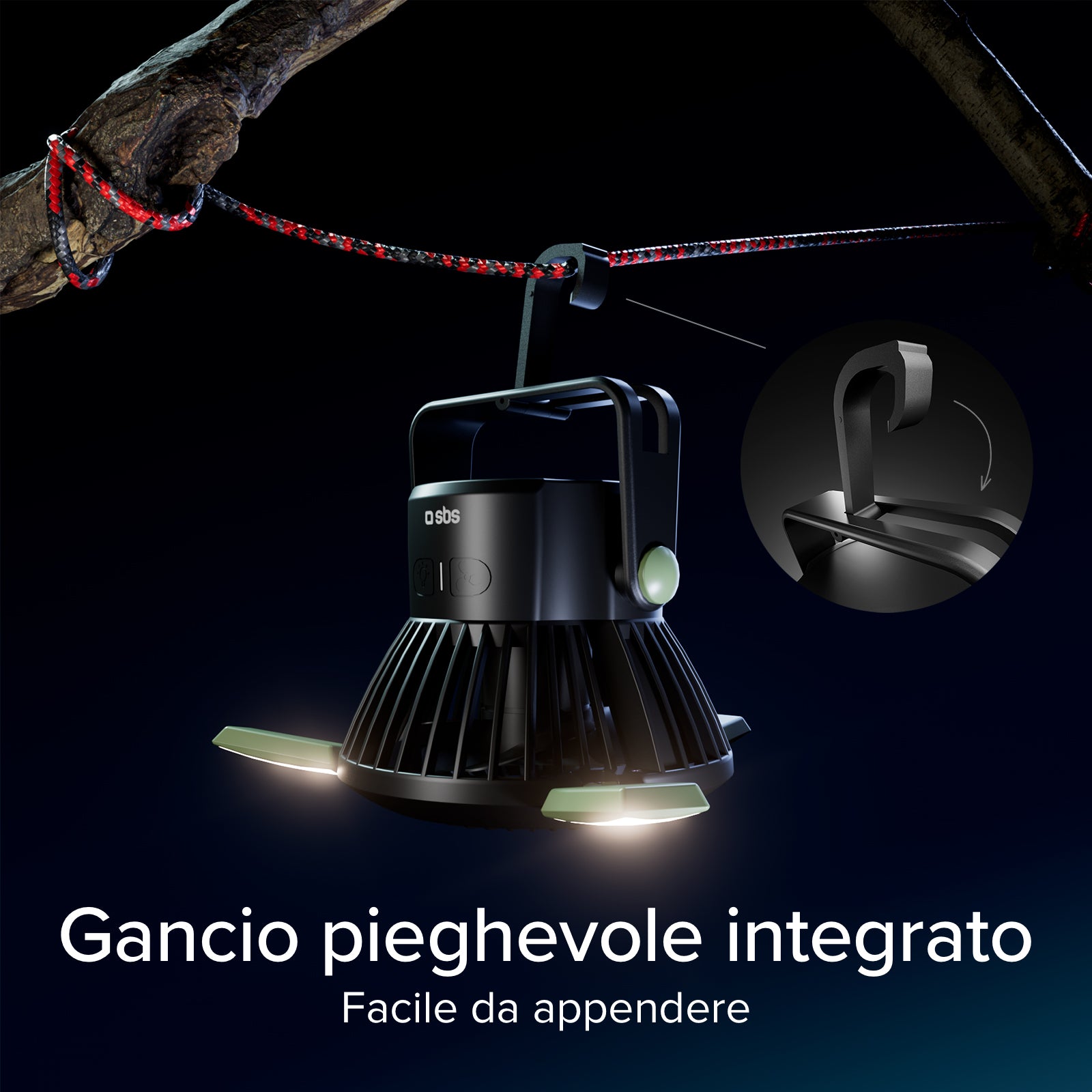 Ventola con Power Bank 4000mAh, luce regolabile e ricarica solare