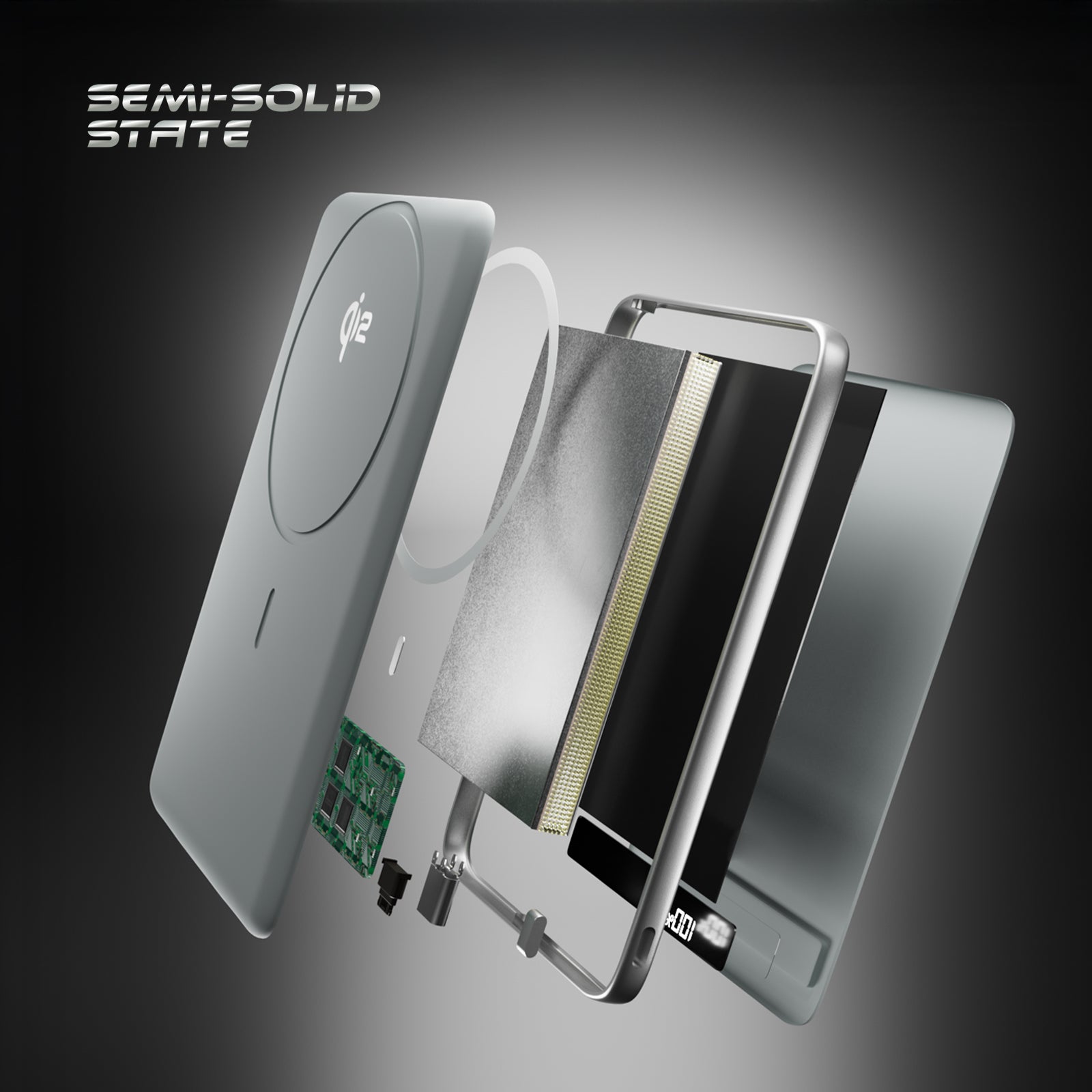 5000 mAh 15 W Qi2 magnetic power bank with semi-solid state battery and LCD